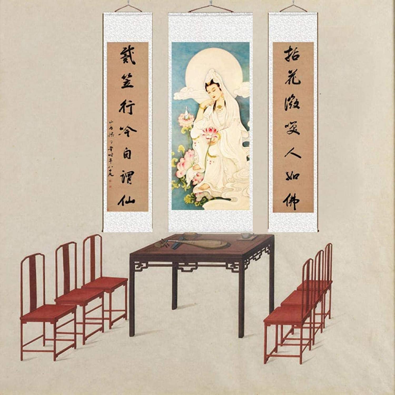 Amazon.co.jp: 中国掛け軸シルク掛け軸絵画シルク掛け軸壁掛け書道絵画 