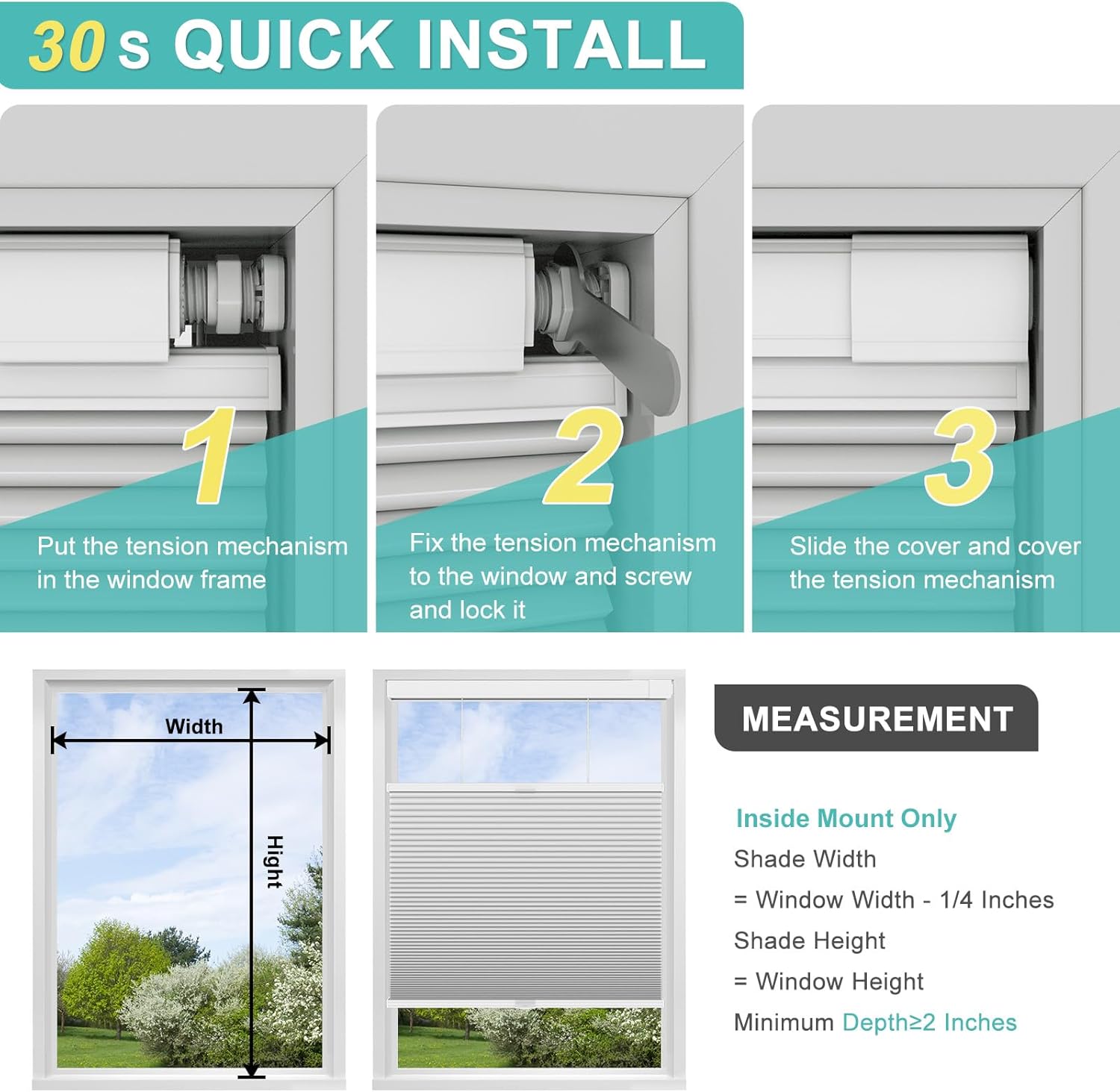 Changshade No Drill Custom Top Down Bottom Up Cellular Shades, No Tools Blackout Cordless Honeycomb Shades for Home,Thermal Insulation Blinds for Bedroom,Office,31" W72 H