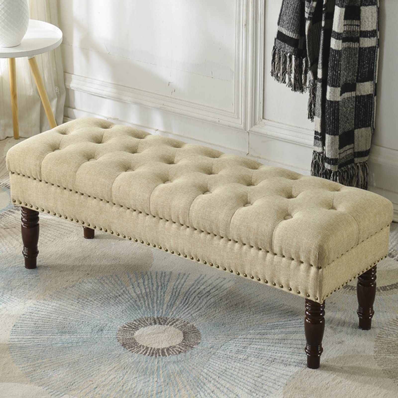 Desconocido Sofá de Banco de Entrada Americano, Banco otomano tapizado de Lino con Patas de Madera, Lujoso Banco de Extremo de Cama Premium, Taburete de pie de Acento(90x40x45cm(35x16x18), Beige)