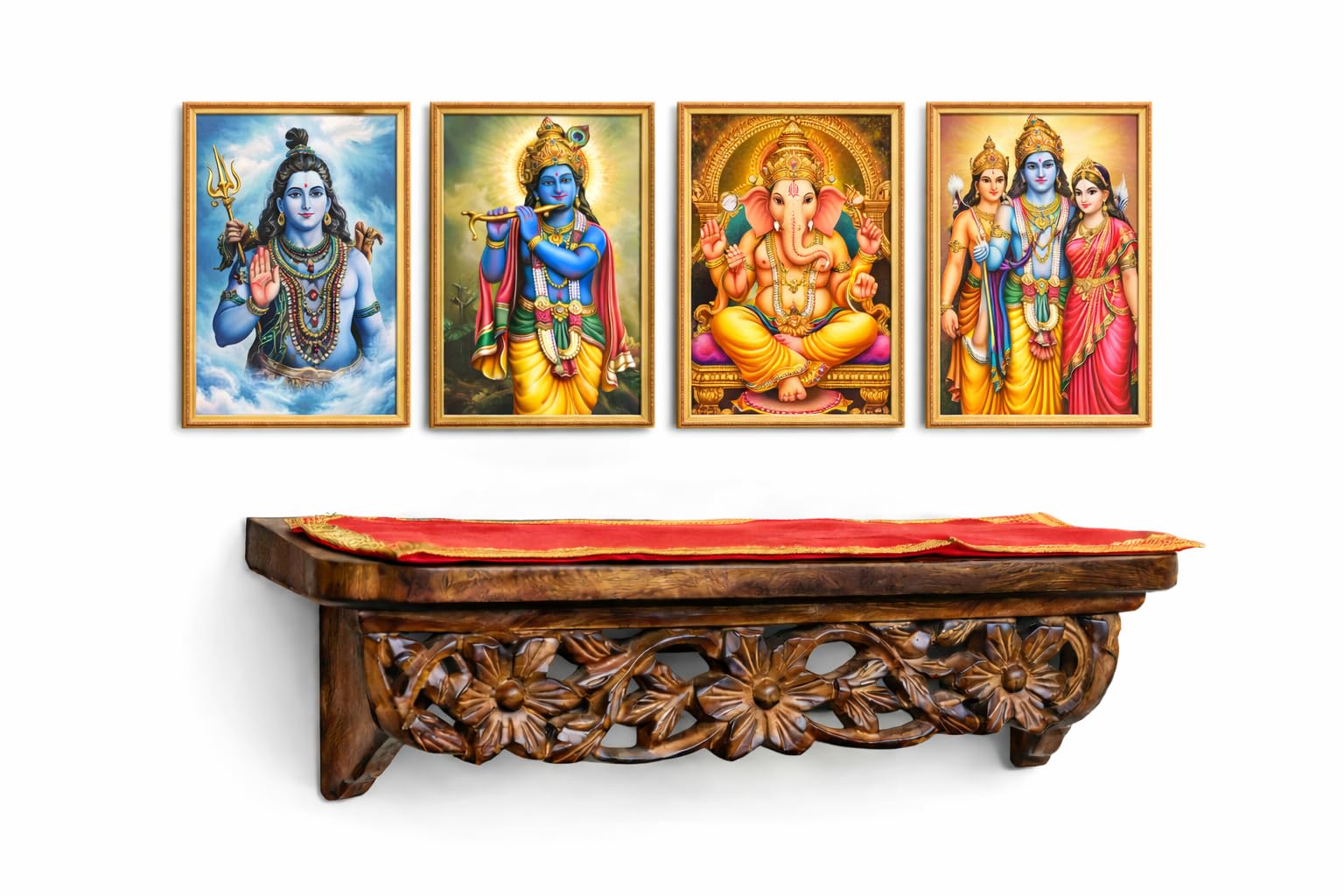 Wooden Wall Shelf with Floral Carving, Brown, Wall Mount Display Rack, 58x28x15 cm, Modern Style, Polished Finish-image-6