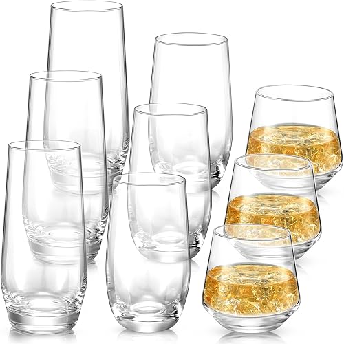 9 vasos de cristal incluyen 3 vasos grandes de 19 onzas, 3 vasos altos de 13 onzas y 3 vasos de roca de 13 onzas para whisky, jugo, cerveza, cóctel,