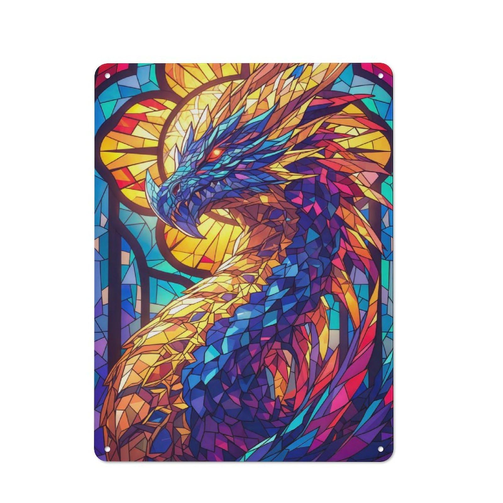 Junmoney Style-17 Outdoor Room Shed Metal Sign 40X30cm Featuring Epic Stained Glass Dragon, Shed Wall Decor For Shed, Garden Room, Porch Or Garage
