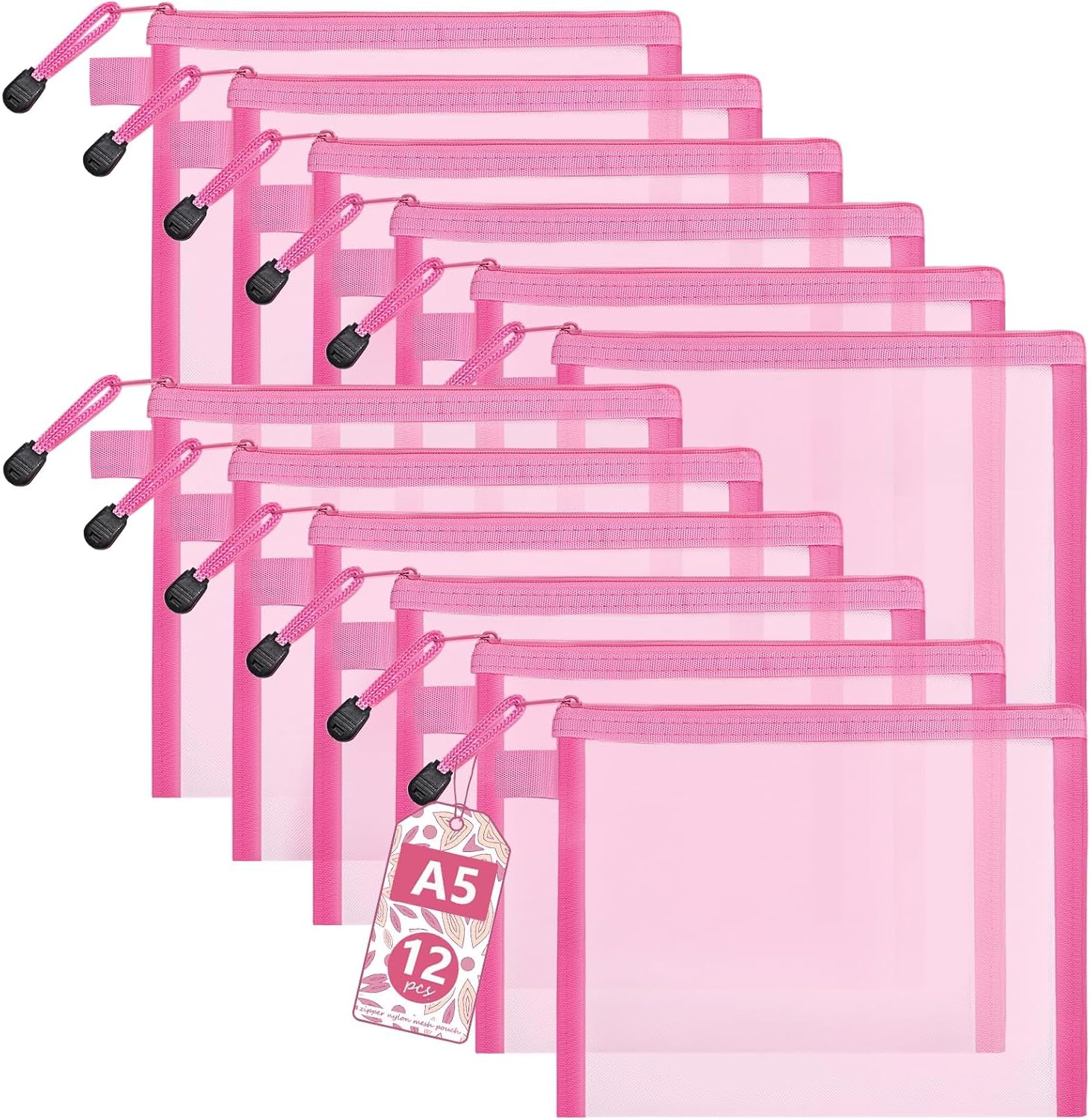 Zentify 12 Piece Nylon Zipper Pouch, Pink