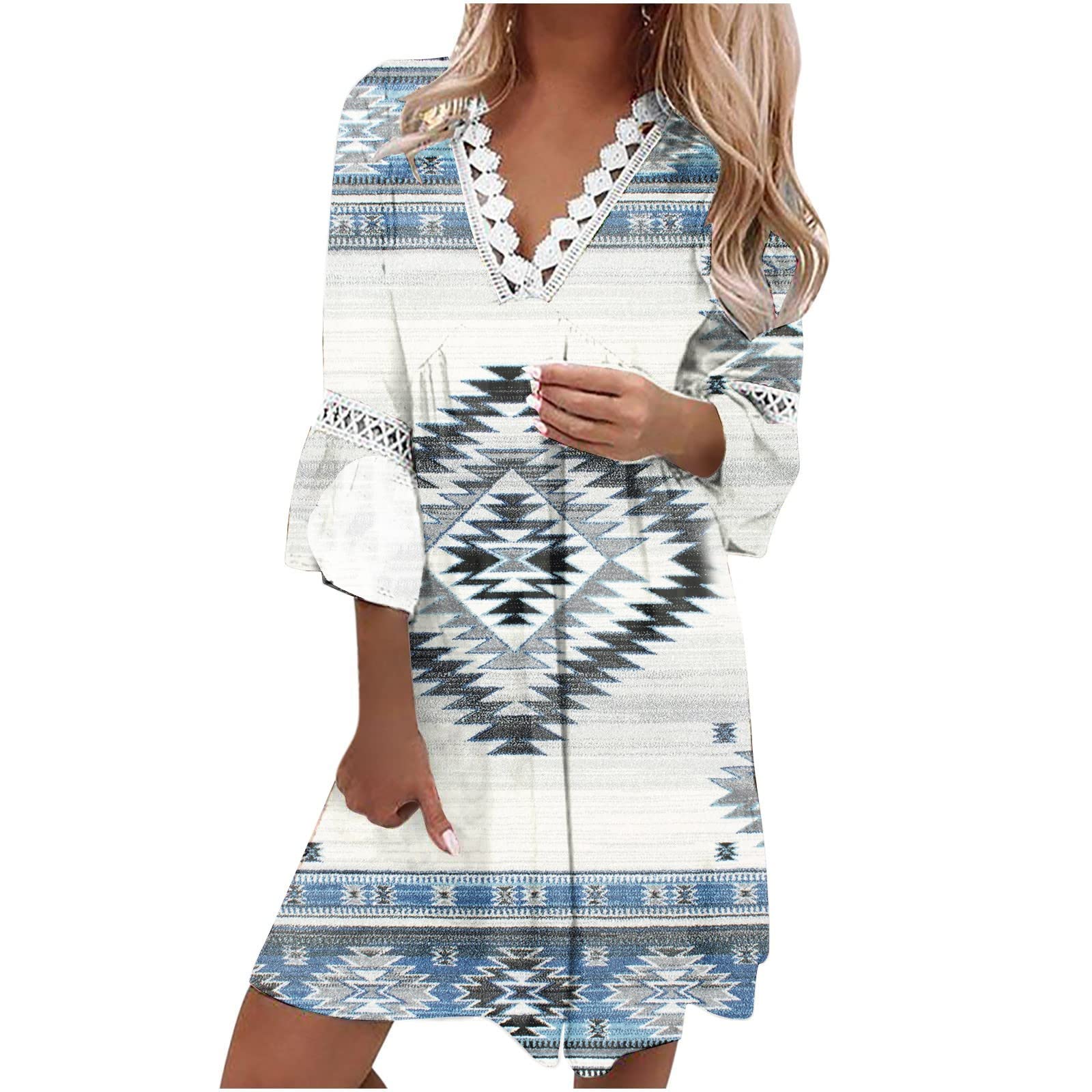 Women‘s 3/4 Bell Sleeve V Neck Elegant Mini Dress Floral Printed Beachwear Temperament Casual Resort Dress