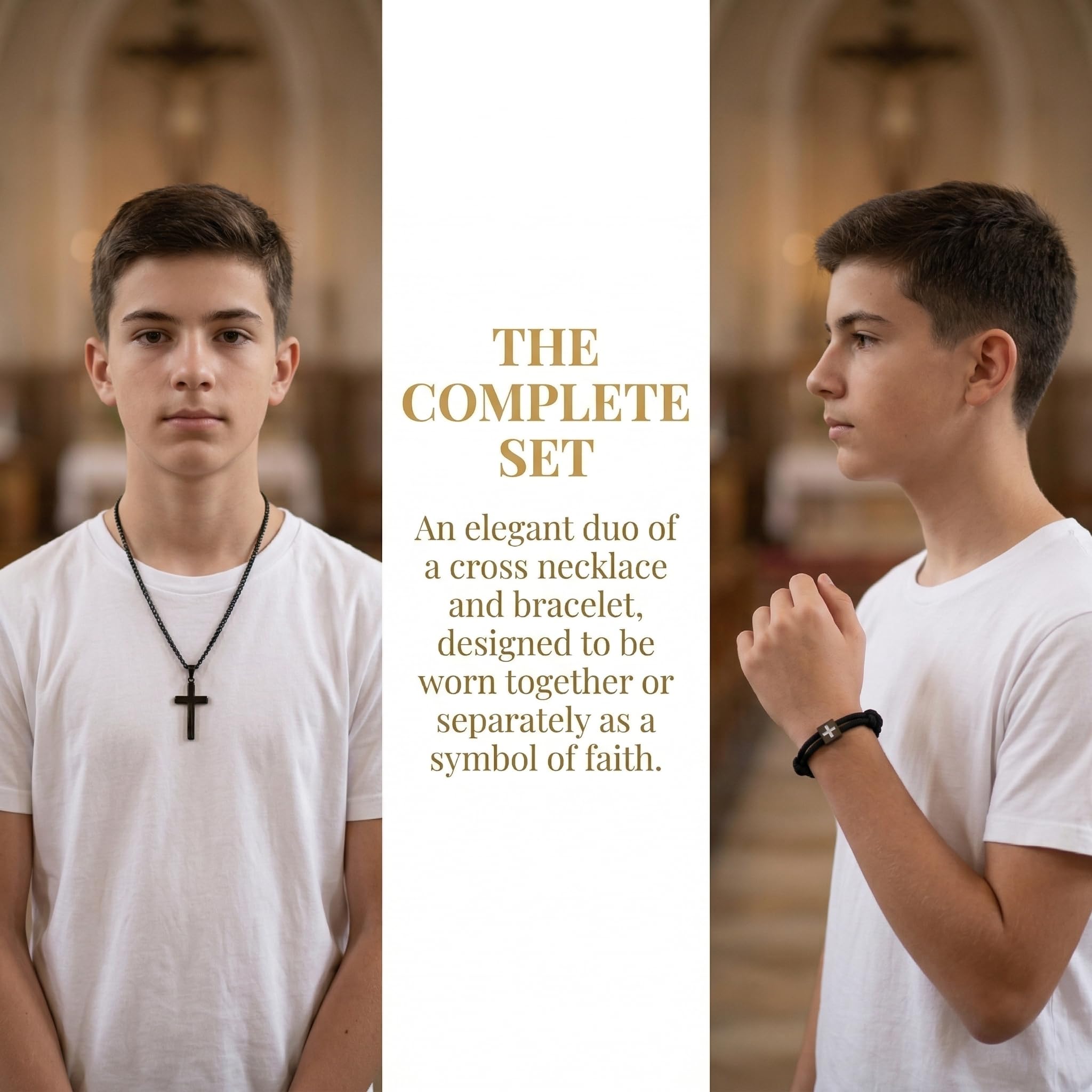 First Communion Gifts for Boys, Cross Necklace and Bracelet Baptism Gift, Black 1st Confirmation Gifts for Boys Girls for Easter Gift Confirmation Decorations - 5