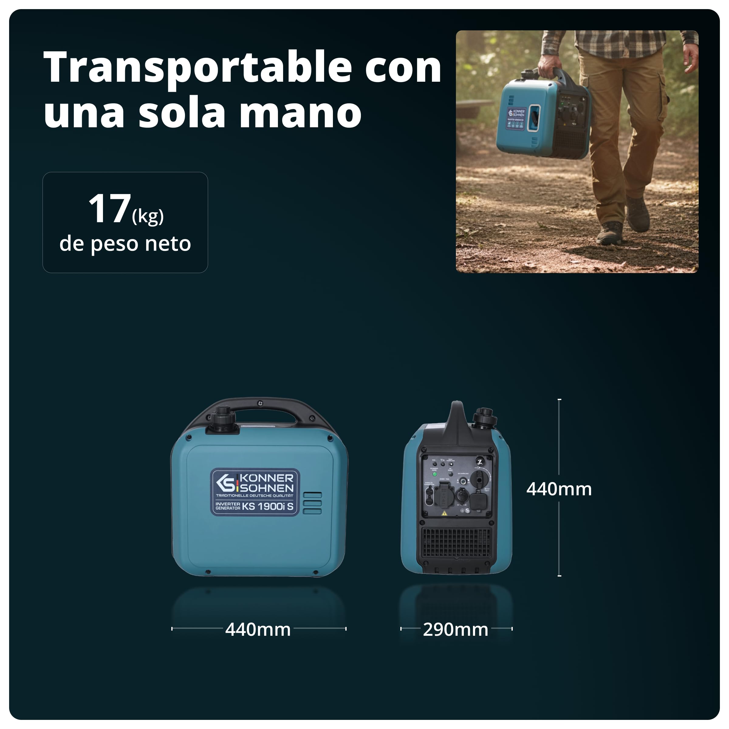 K&S Könner&Söhnen KS 1900i S - Generador de corriente (2,0 kW, inversor con carcasa insonorizada, generador de emergencia, gasolina con bobinado de cobre, 2 salidas USB)