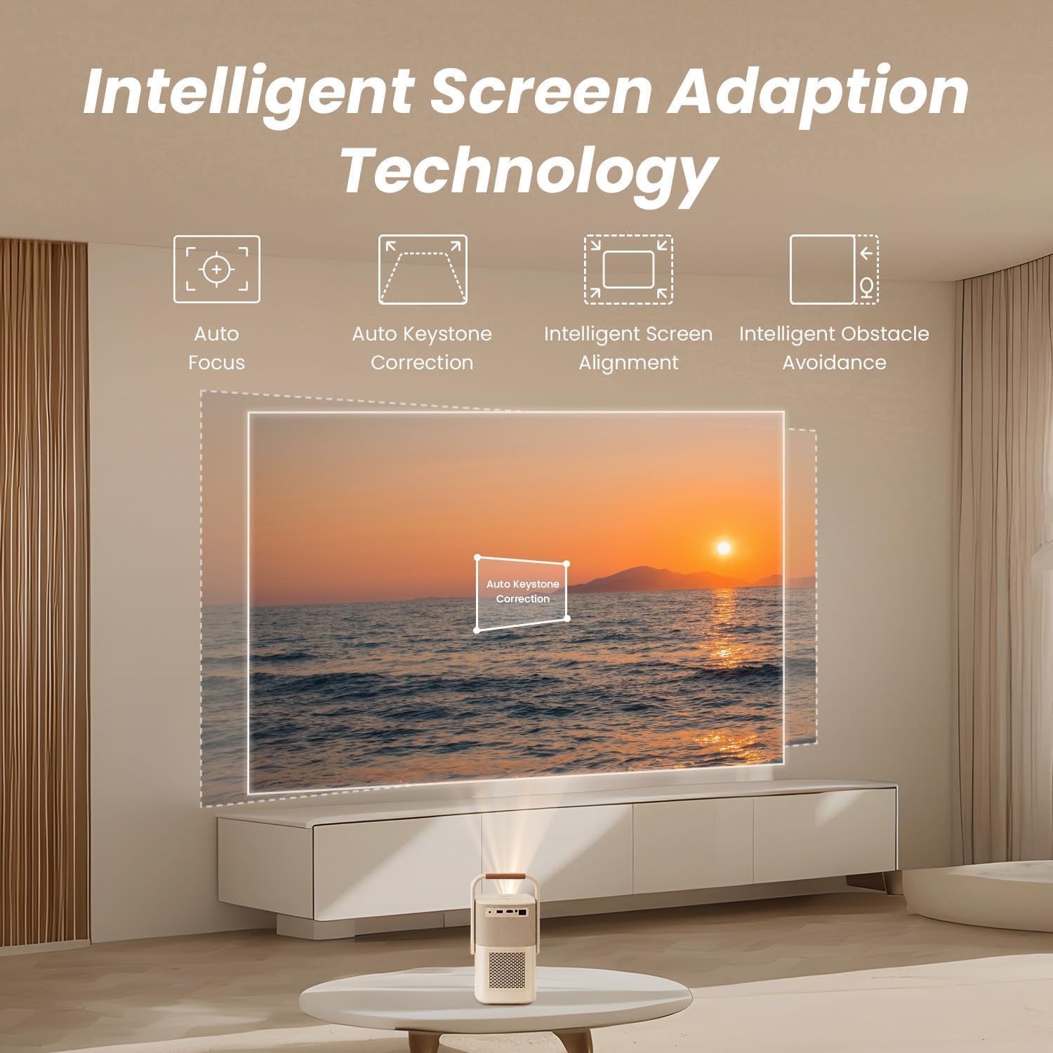 YABER T2 Plus Projector demonstrating intelligent screen adaptation features