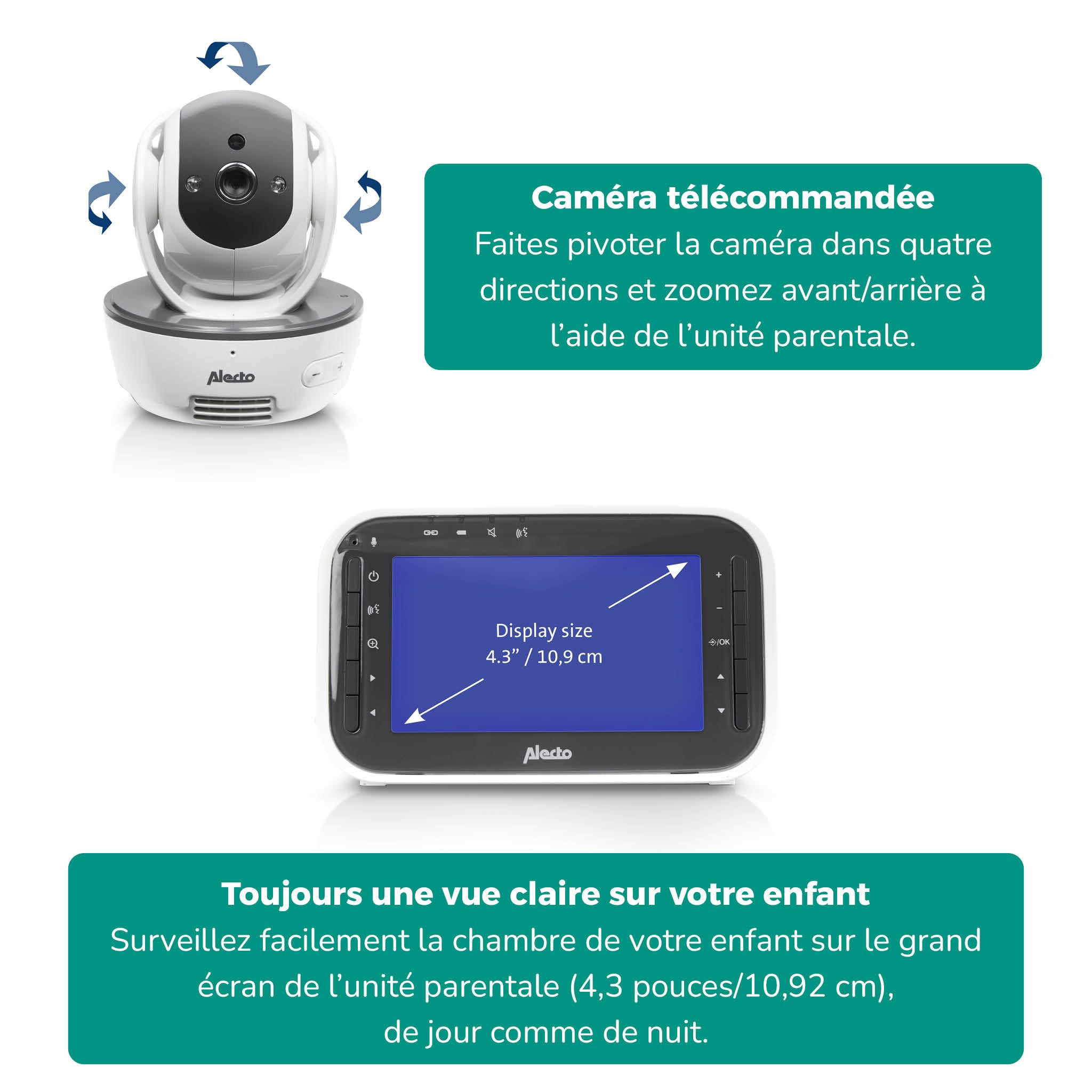 Alecto DVM200M - Babyphone avec caméra et écran couleur 4.3", blanc/anthracite