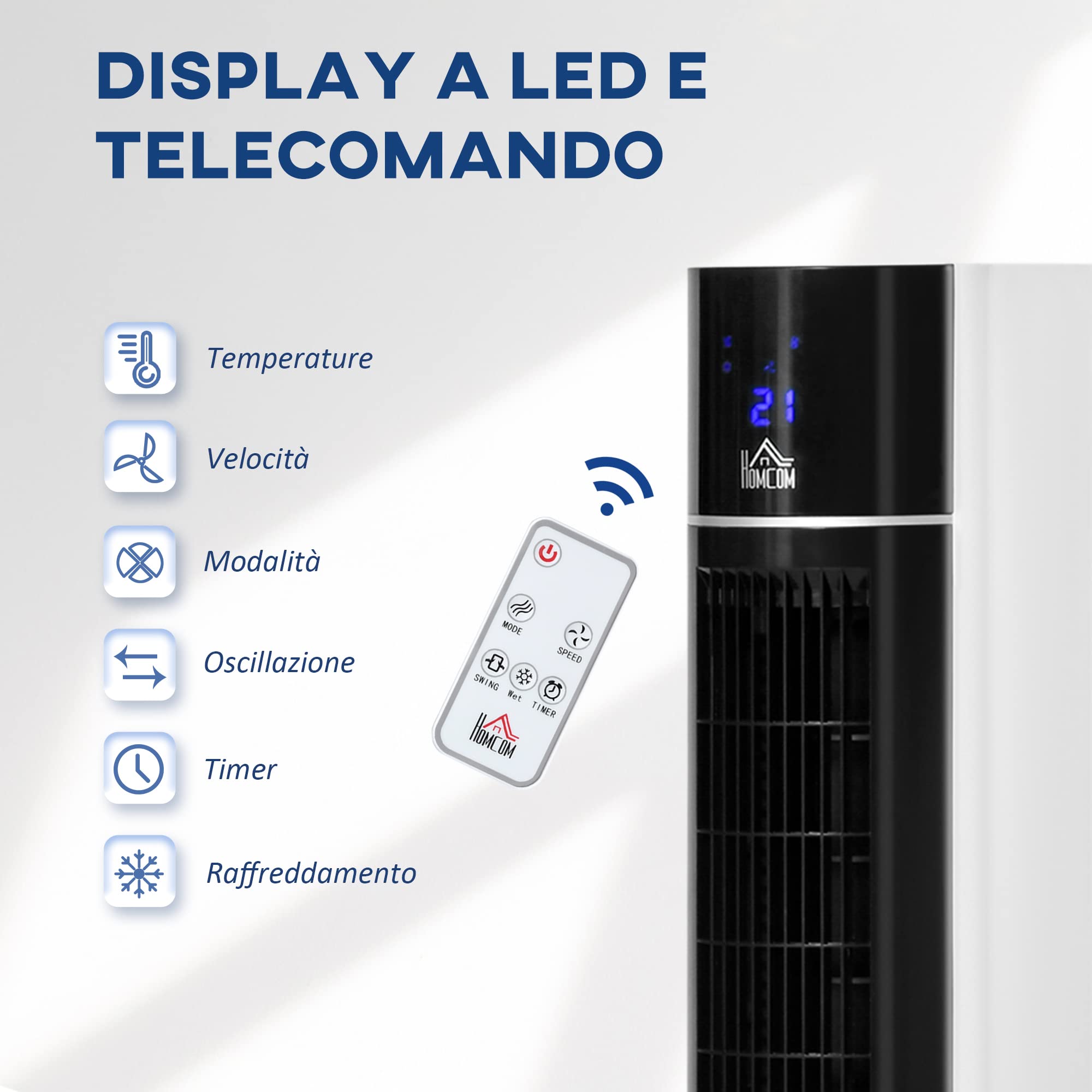 HOMCOM Ventilatore a Torre Raffrescatore Evaporativo 3 Modalità e 3 Velocità, Raffreddatore d'Aria Portatile con Timer, Oscillazione e Telecomando, 60W, Bianco