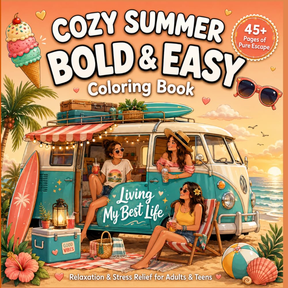 Cozy Summer: 45+ bold and easy summer colouring book for adults and teens to escape stress, relax and unwind, featuring beach scenes and tropical designs