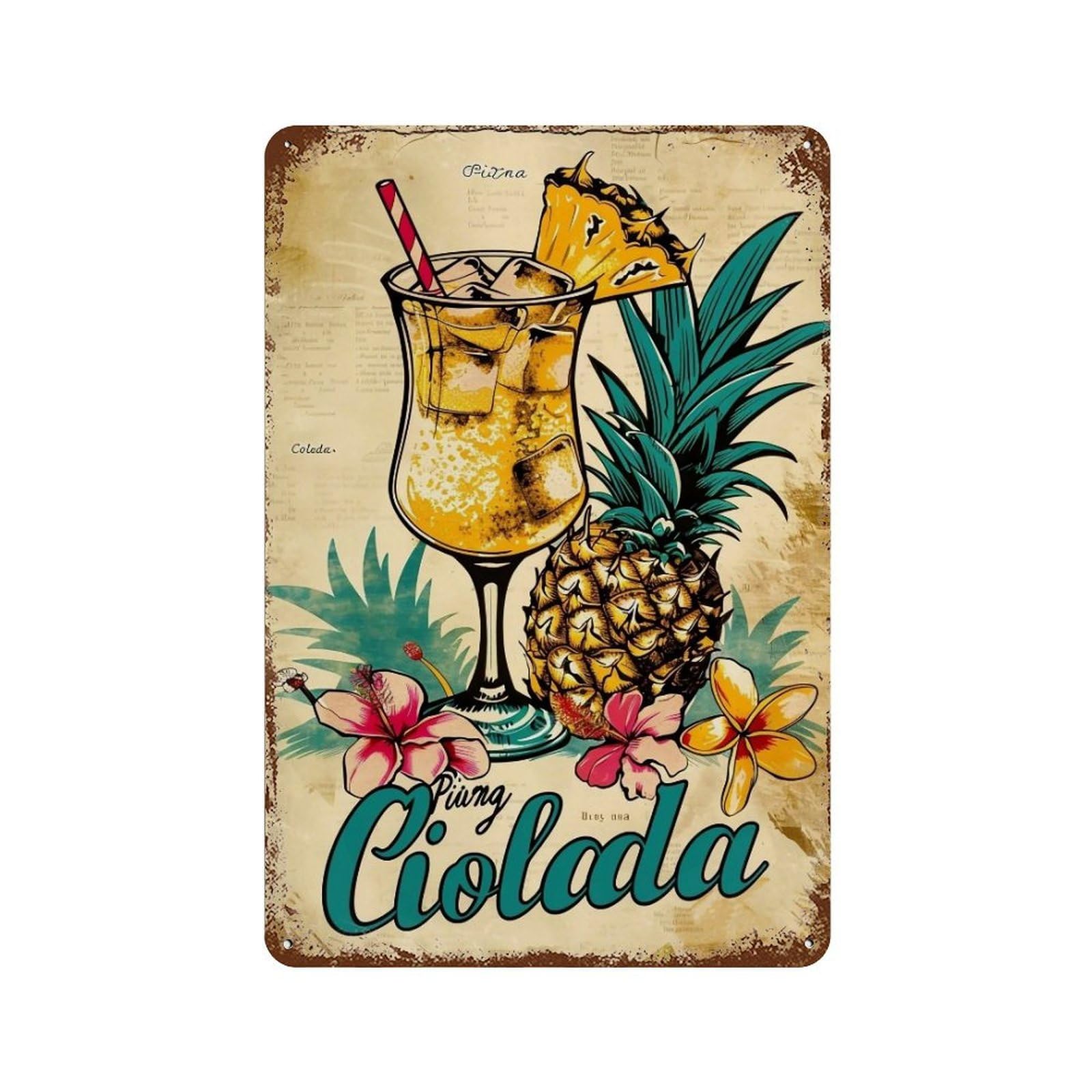 YHGERTKU Linocut Tiki Bar Pina Colada Drink Fruit 03 Wall Art Retro Iron Vintage Metal Tin Sign Poster Modern Decor for Living Rooms Gift 30x20cm