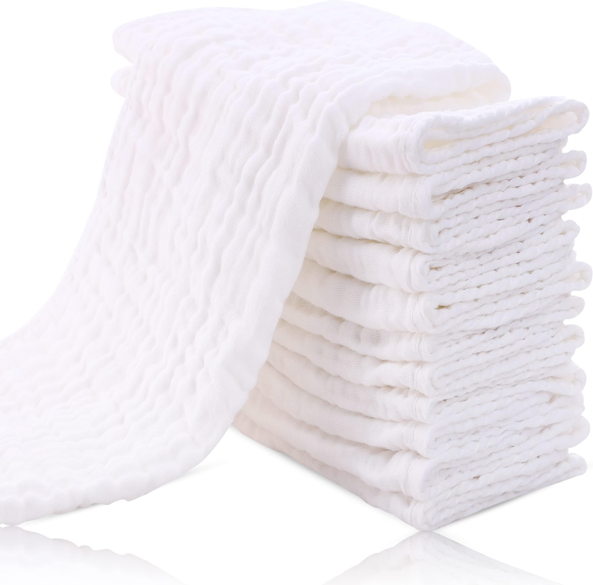12 Pack Muslin Burp Cloths for Baby - Ultra-Soft 100% Cotton Baby Washcloths - Large 20'' by 10'' Super Absorbent Milk Spit Up Rags - Burpy Cloths for Unisex, Boy, Girl - White