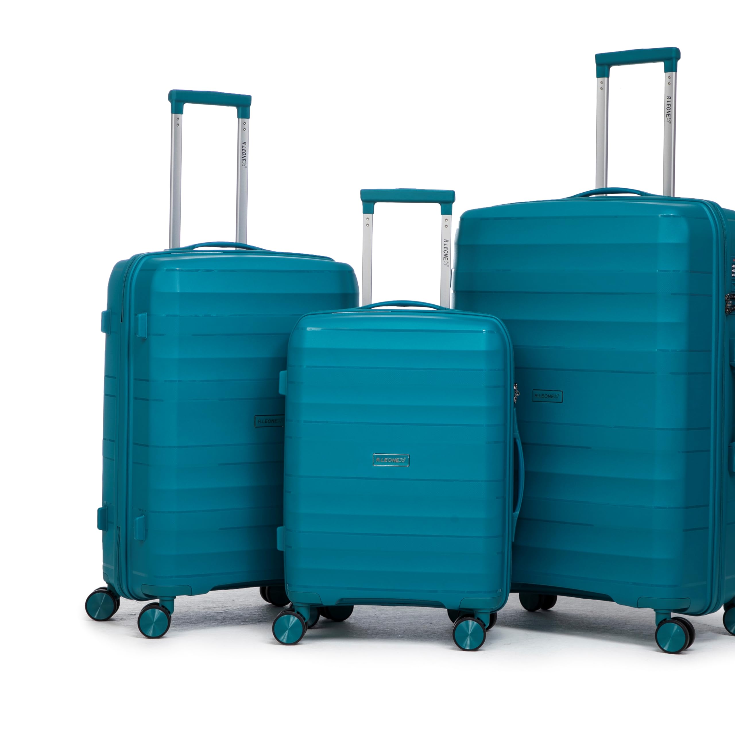 R.Leone Valigia da 1 Fino a Set 3 Bagaglio a mano 55x40x20 Ryanair, Medio, Grande Ultra Strong Antiurto Trolley leggero 8 ruote Polipropilene 9180 (Turchese, Set 3 Pezzi S M L)