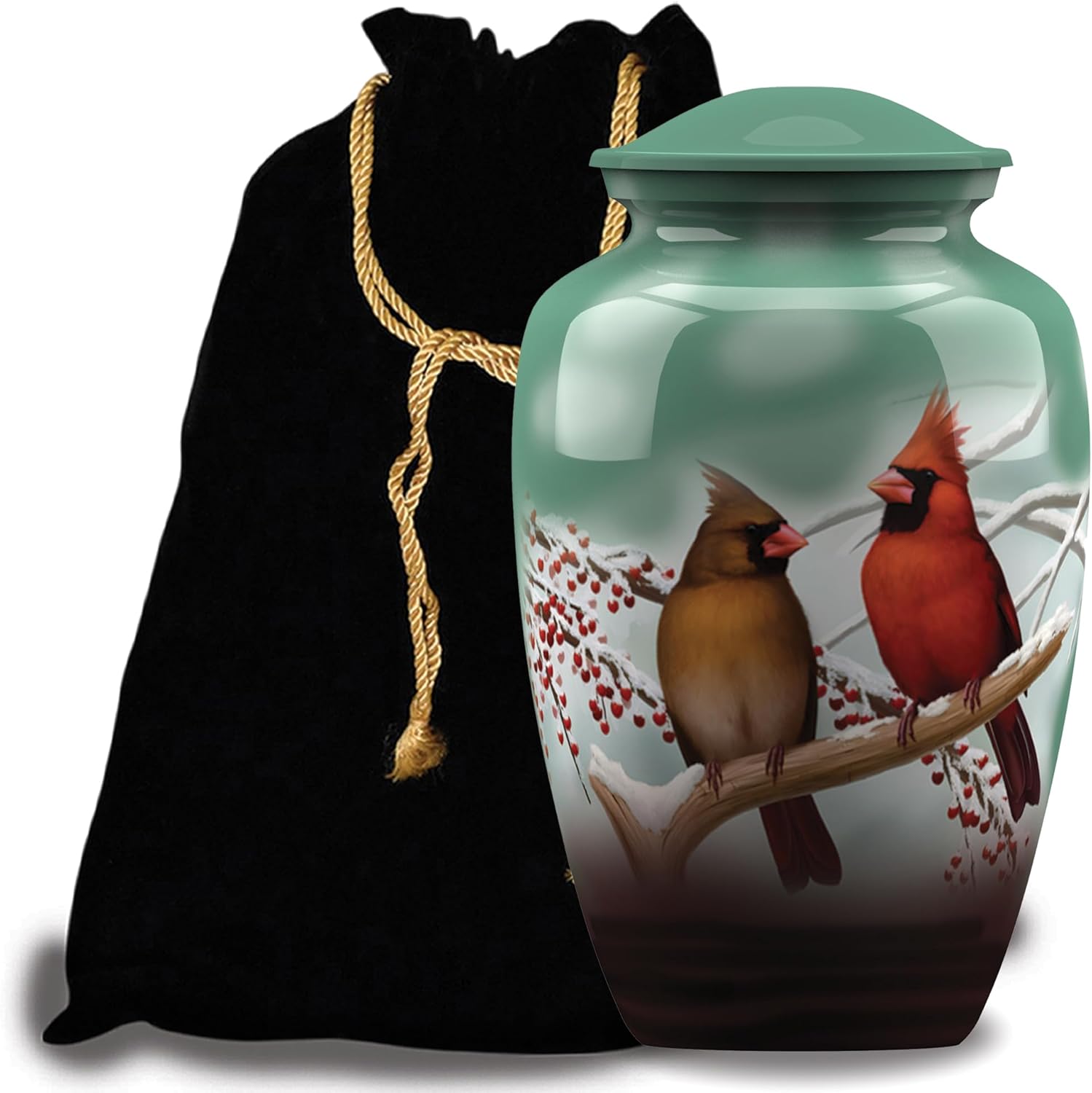 Forever URNS Adult Cremation Funeral Urn with Cardinal Birds Theme for Human Ashes of Female & Male | 200 cu in | Large | Multicolor | Completely Handcrafted with Velvet Protection Bag