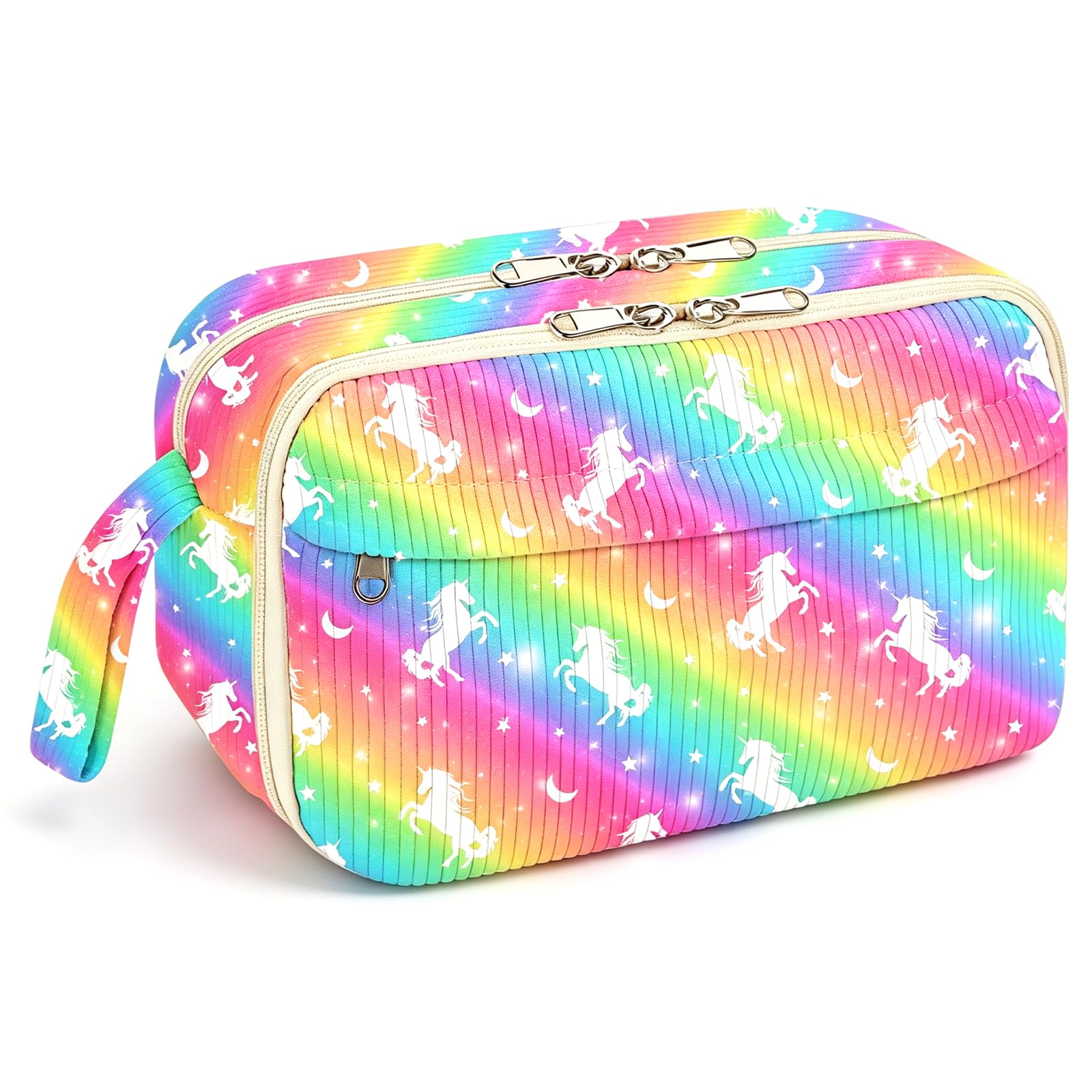 CenviaLuxy Large Pencil Case, Corduroy Pen Case with Compartments for Girls Teenagers Adults, Big Capacity Pencil Pouch with Handle for College School Office Supplies (Rainbow)