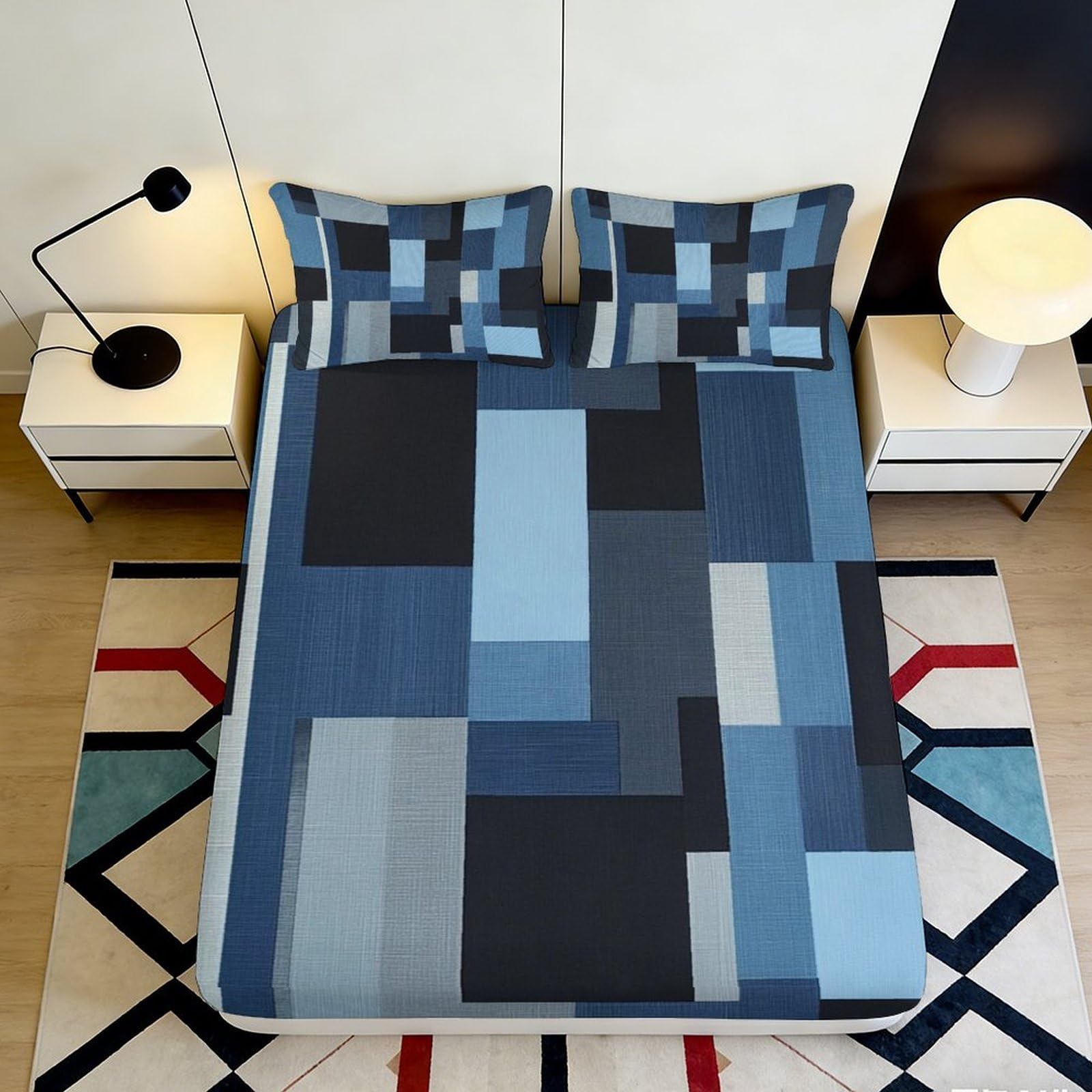 3D Printed Blue Geometric Block Fitted Sheet Microfiber Soft Easy Care Modern Patchwork Mattress Cover for Bedroom Dorm 180x200x25cm
