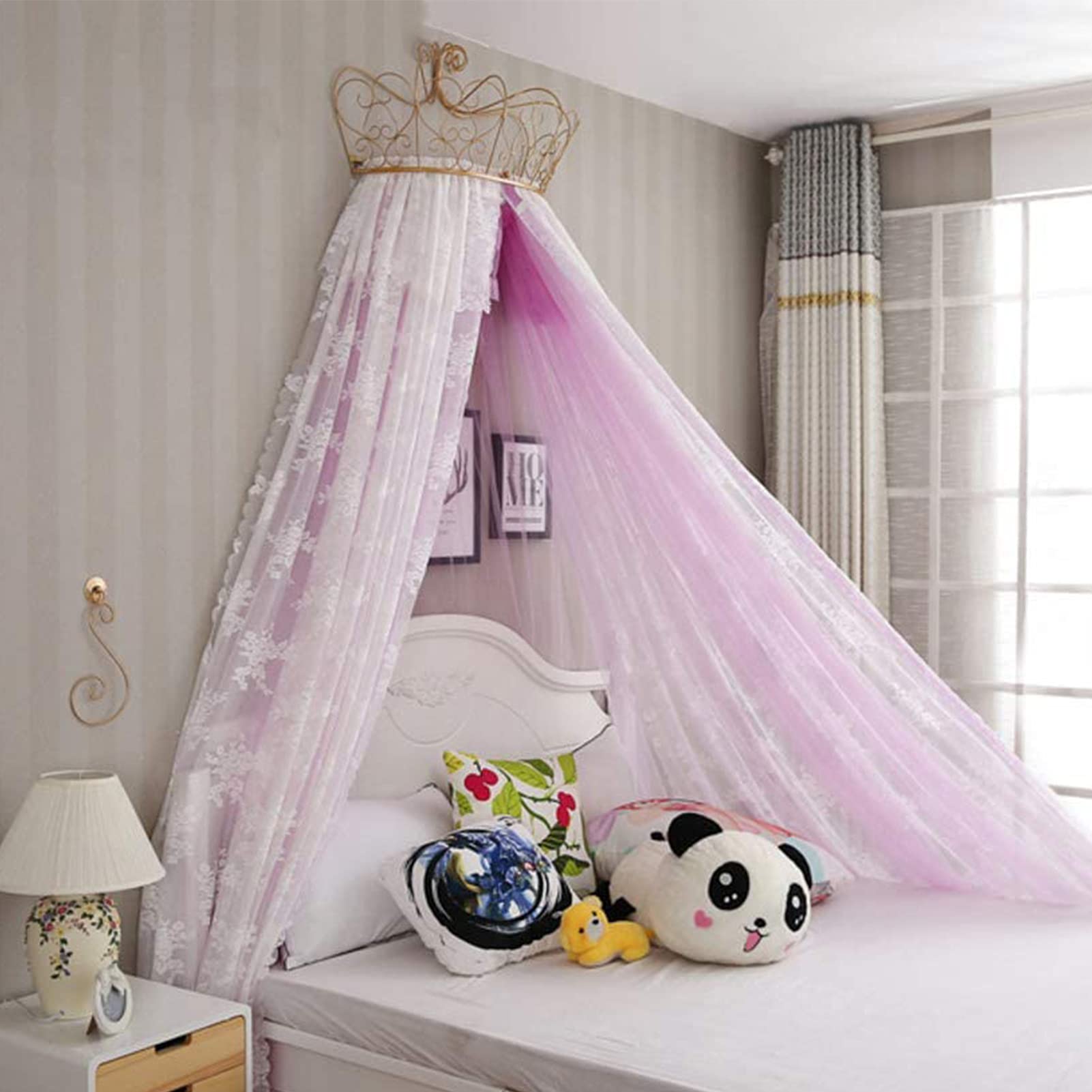 GJMSSMY Princess Lace Bed Canopy with Metal Gold Crown, Floral Bed Sheer Curtain Decorative Drapery for King Queen Full Bed, Hanging Mosquito Net Tent Decoration Game House Tent