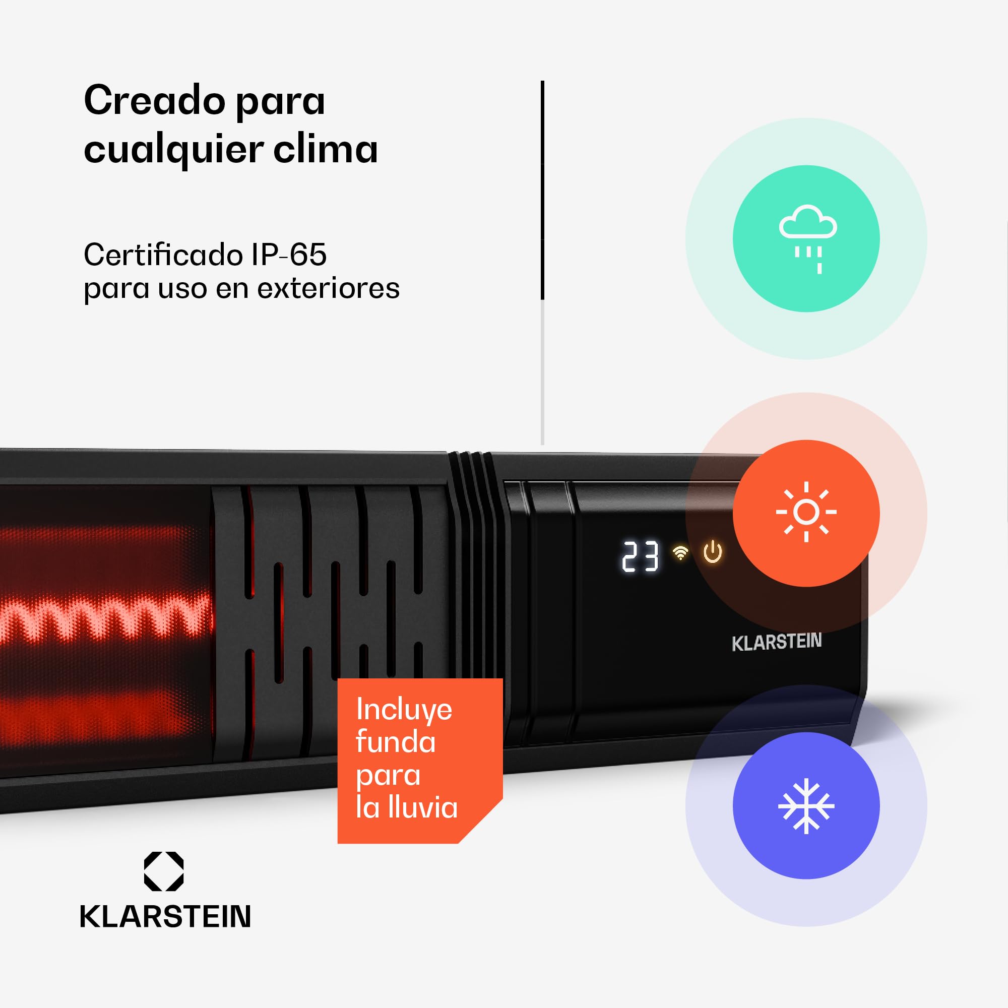 Klarstein Calefactor Infrarrojo 2000W – Montaje en Pared, Exterior IP65, 9 Niveles, WiFi/App, Temporizador, Silencioso, Aluminio, Calienta 15 m², Estufa Infrarroja Exterior