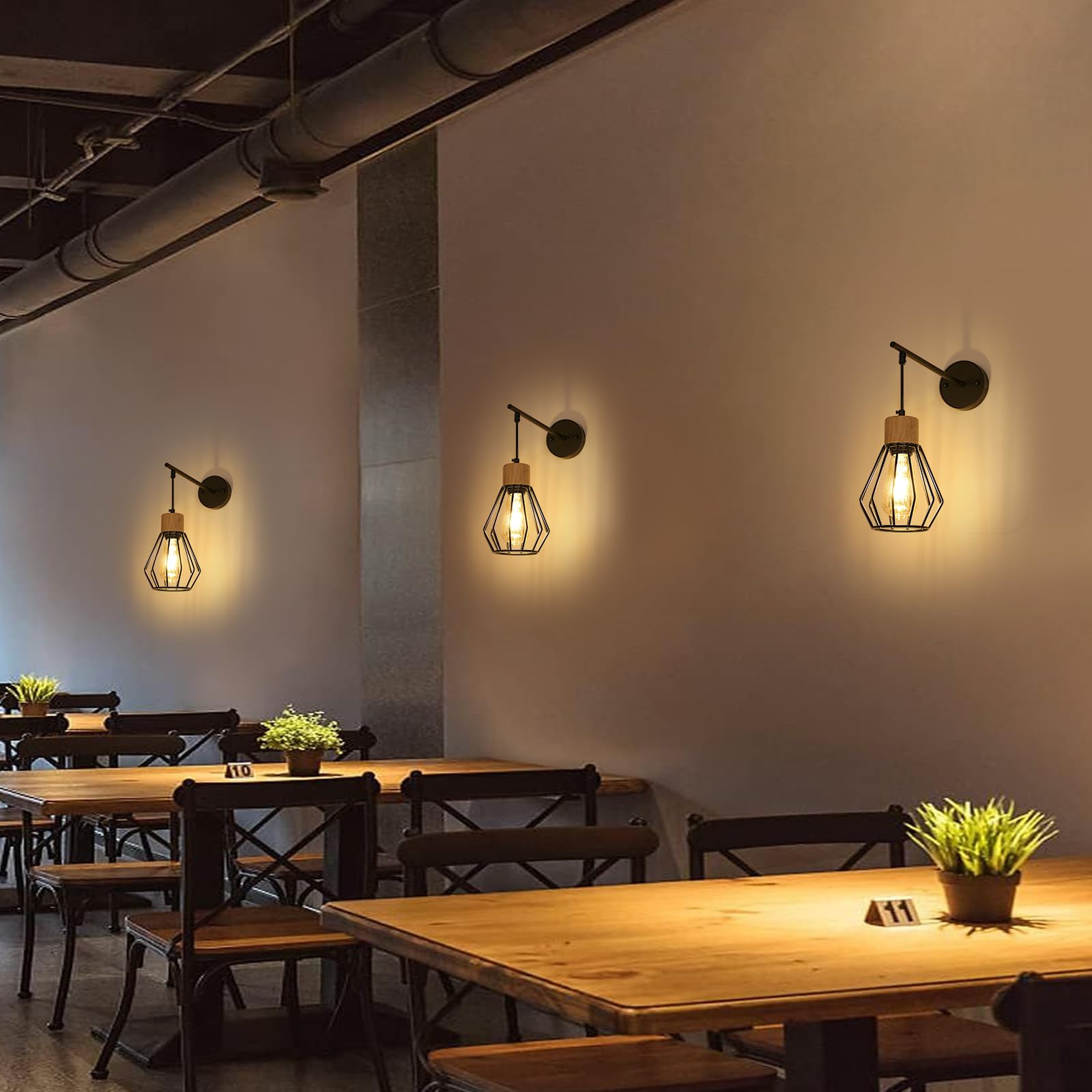 Mckalen Lampada da Parete Interno Vintage E27, Applique da Parete Legno e Metallo, Lampada da Muro Ferro Paralume Gabbia, Nero Applique Scale Industriale per Camera da Letto Soggiorno Corridoio