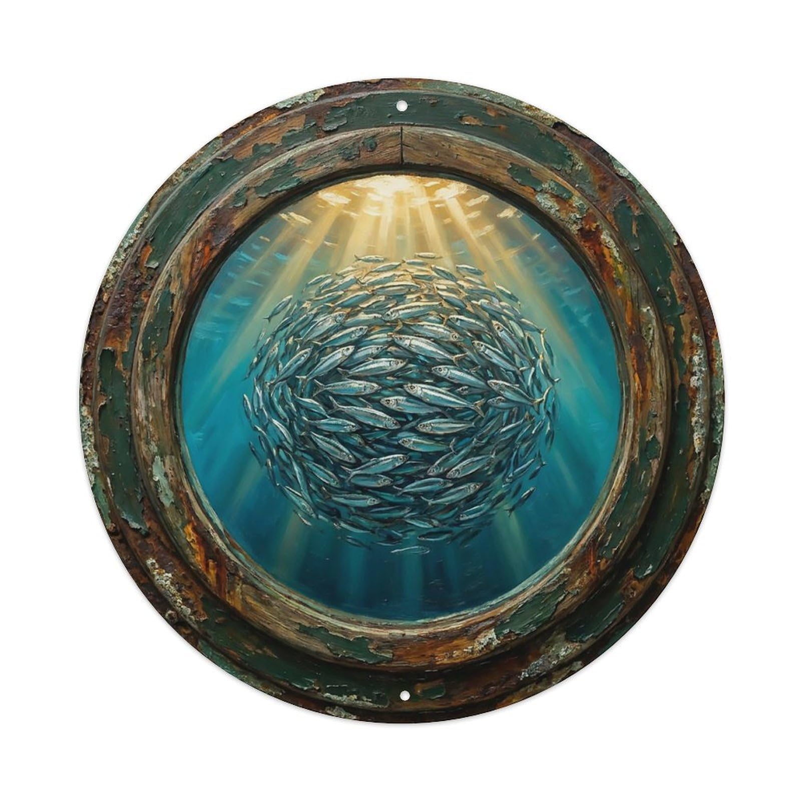Vintage Porthole Sardine Baitball Ship Window Undersea Deep Sea Metal Tin Sign