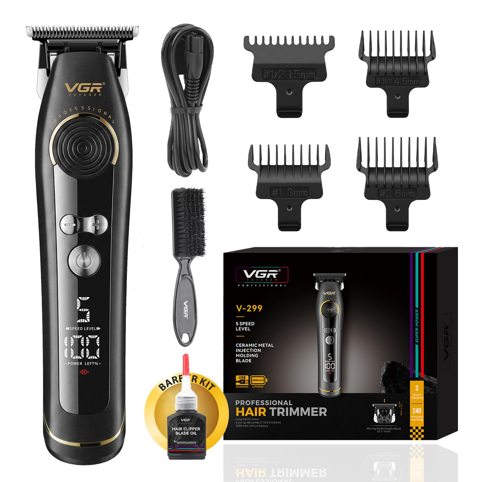 VGR 299 Recortadora inalámbrica para hombre, 5 Velocidades, 7000 RPM, Negro | Cortapelos de Precisión Profesional, Cortadora De Pelo Con Cuchilla T De Cerámica, 4 Peines Guía, Pantalla LED
