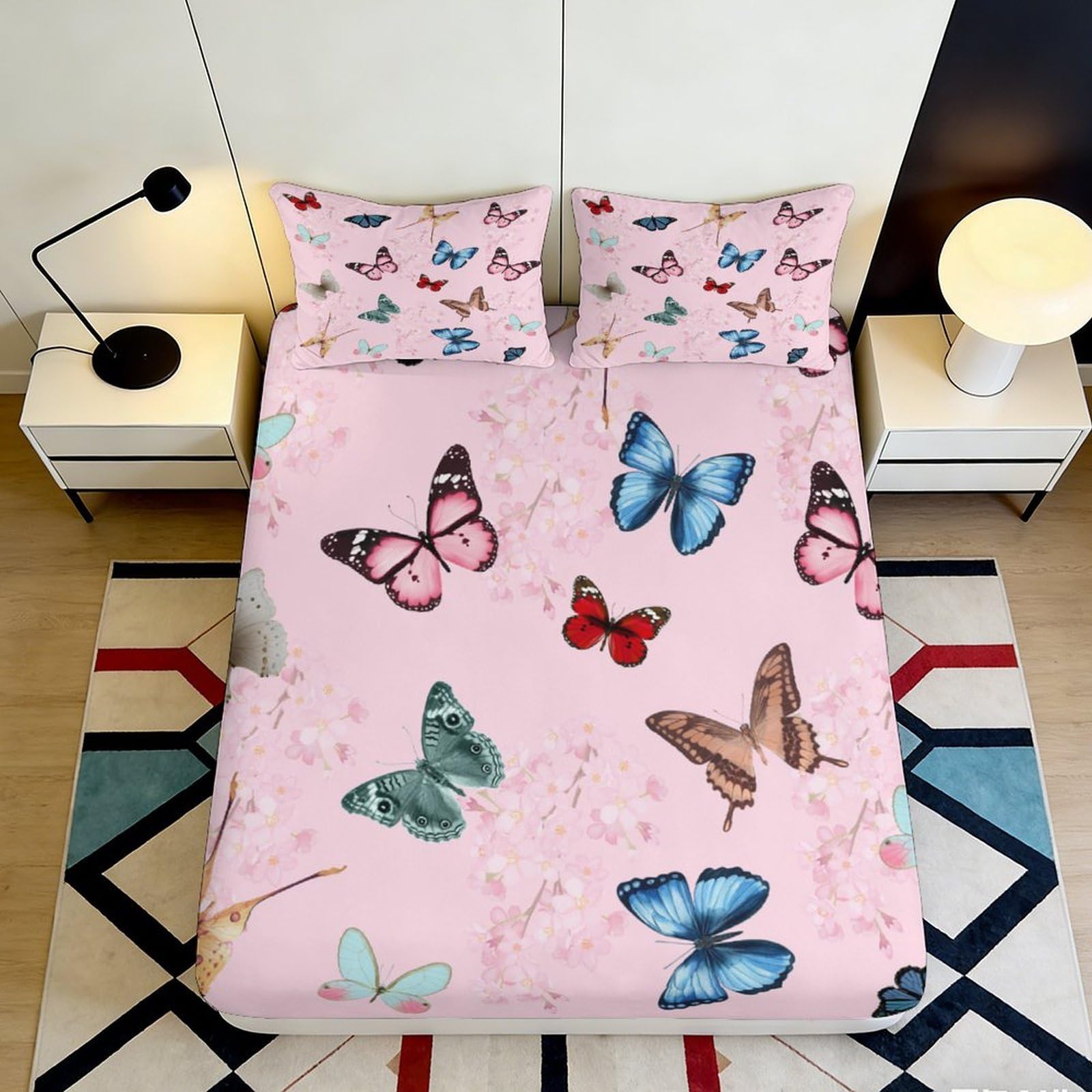 Uxinyoume Style-2 3D Printed Butterfly Dream Fitted Sheet Microfiber Soft Pink Floral Mattress Cover Bedroom Guest Room Decor 90X200x25cm