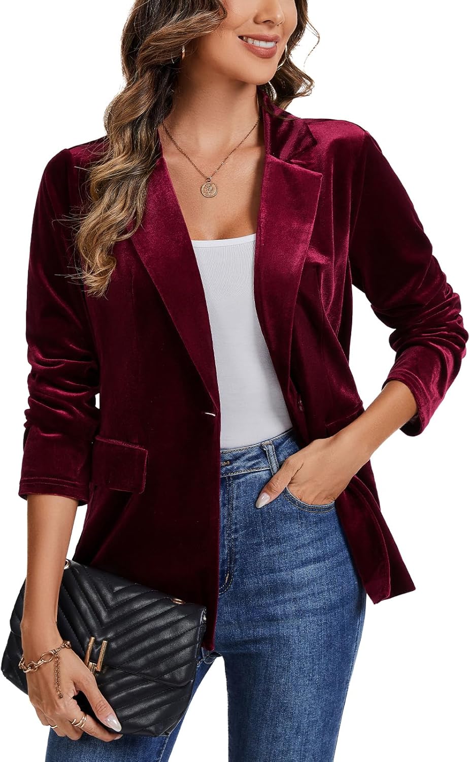 Women's Velvet Suit Blazer Jacket Casual Office Work Long Sleeve One Button Jacket Coat Blazer Pockets