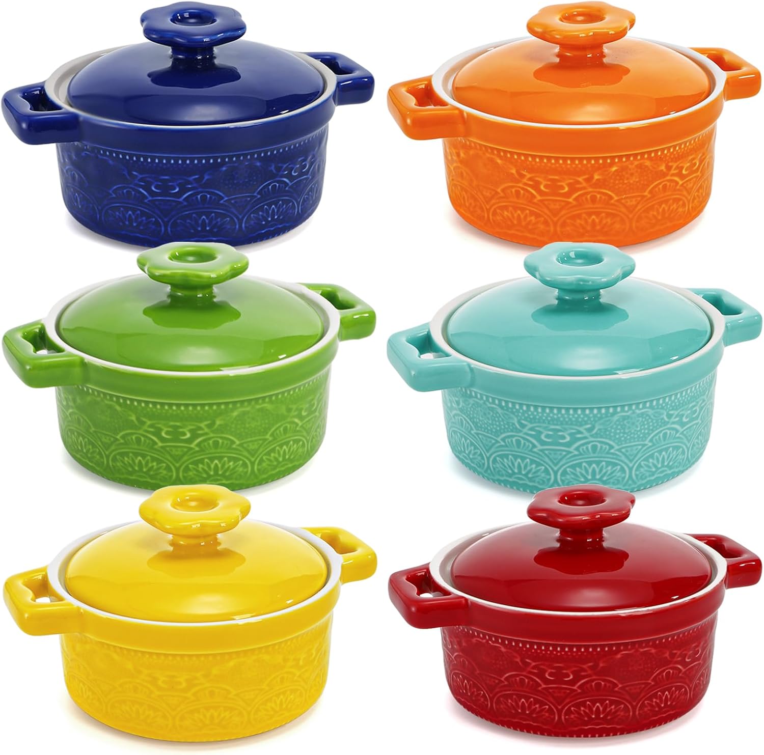 Hacaroa Set of 6 Mini Cocotte with Lid, 8 Oz Ceramic Ramekins with Handles, Small Casserole Dishes Individual Serving Pot for Baking, Soufflé, Soup, Cobbler, Oven Safe, 6 Colors