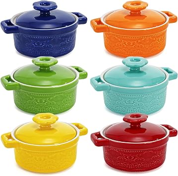 Hacaroa Set of 6 Mini Cocotte with Lid, 8 Oz Ceramic Ramekins with Handles, Small Casserole Dishes Individual Serving Pot for Baking, Souffle, Soup, Cobbler, Oven Safe, 6 Colors