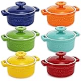 Hacaroa Set of 6 Mini Cocotte with Lid, 8 Oz Ceramic Ramekins with Handles, Small Casserole Dishes Individual Serving Pot for Baking, Soufflé, Soup, Cobbler, Oven Safe, 6 Colors