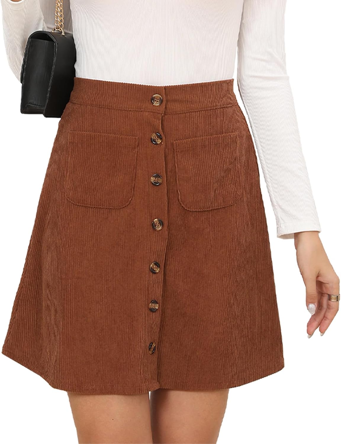 Bbkkuck Women's Button Down Corduroy Skirts High Waist A-line Pleated Short Mini Skirt with Pockets