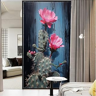 Retro Cactus Window Privacy Film Desert Plants Floral Modern Stained Glass Window Film Decorative Window Cling for Home Window&Glass Door, Sun Blocking 17.7Wx23.6L