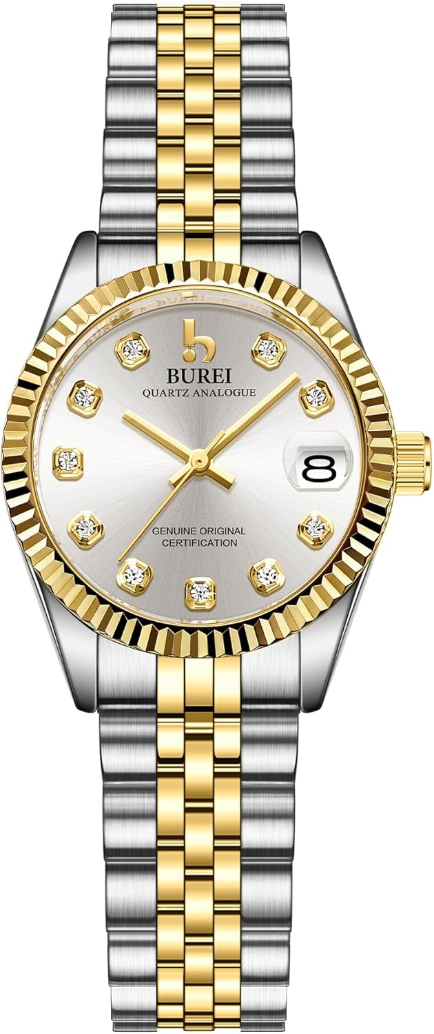 BUREI Women's Business Watch with Day Date, Analog Quartz Movement, Silver Gold Stainless Steel Bracelet, Fashion Ladies Watch, Small Face, Diamond, Waterproof