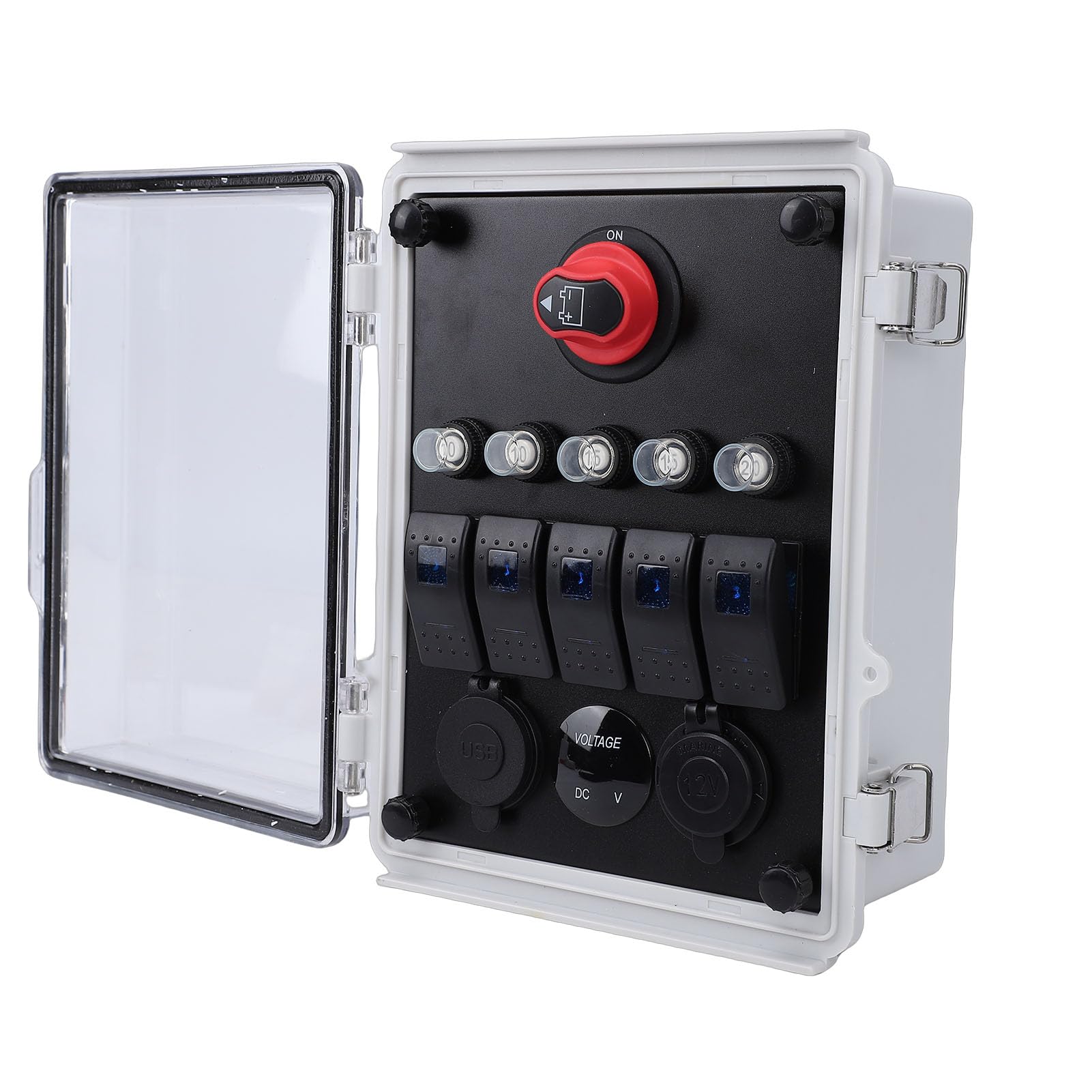 Caja de Interruptor Basculante de 5 Bandas con Enchufe de Encendedor para Camión RV ATV, Diseño a Prueba de Agua, Caja de Panel de Interruptor de Voltímetro LED, Material Plástico ABS,