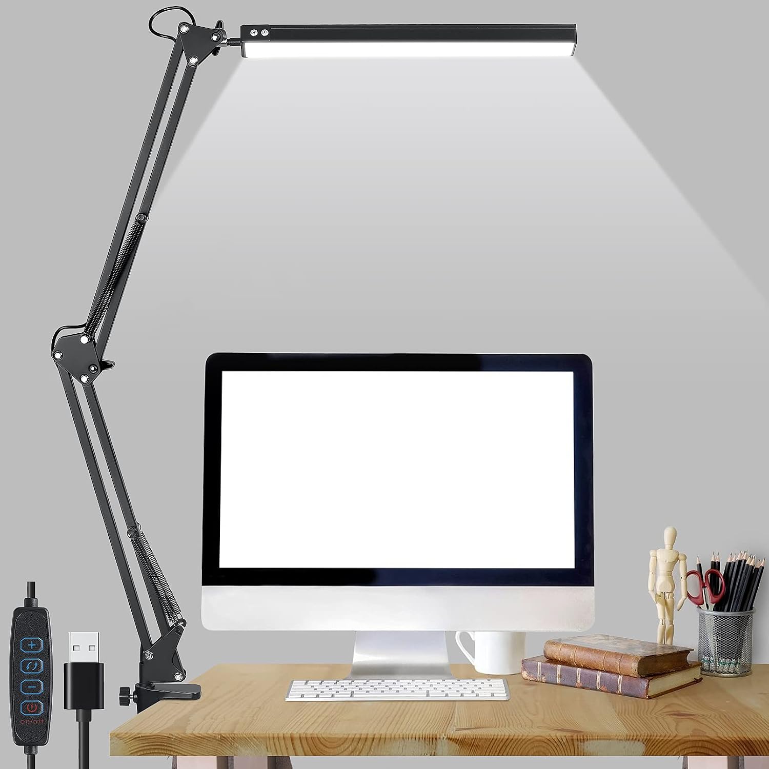 HIMOON LED Desk Lamp, Desk Light with Clamp,Adjustable Metal Swing Arm Eye-Caring Table Light,10W Black 3 Lighting Modes &10 Adjustable Brightness Levels, Desk Lamps for Home Office ,Work,Reading