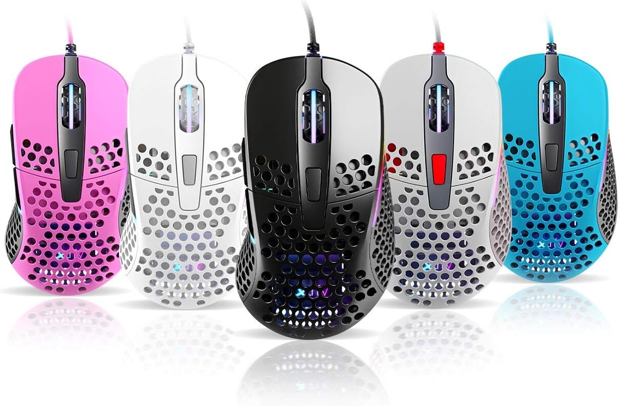 Five Xtrfy M4 RGB Ultralight Gaming Mice in different colors: pink, white, black, grey, and Miami Blue