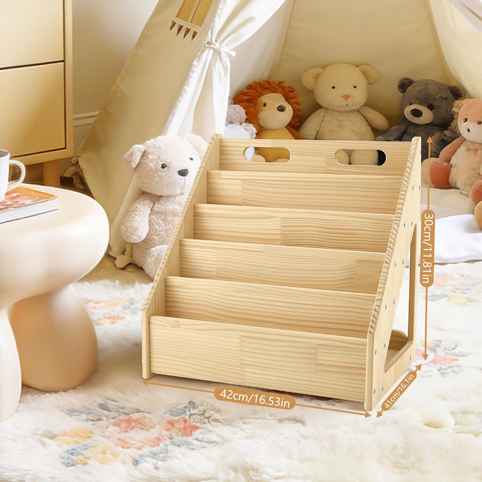 Scaffale Montessori per Bambini, Libreria a 4 Ripiani Orientata Verso l’Anteriore, Scaffale Retro Pratico Contenitore, in Legno di Pino Stabile, per Soggiorno, Bambini 41,9x30,4x41,9cm