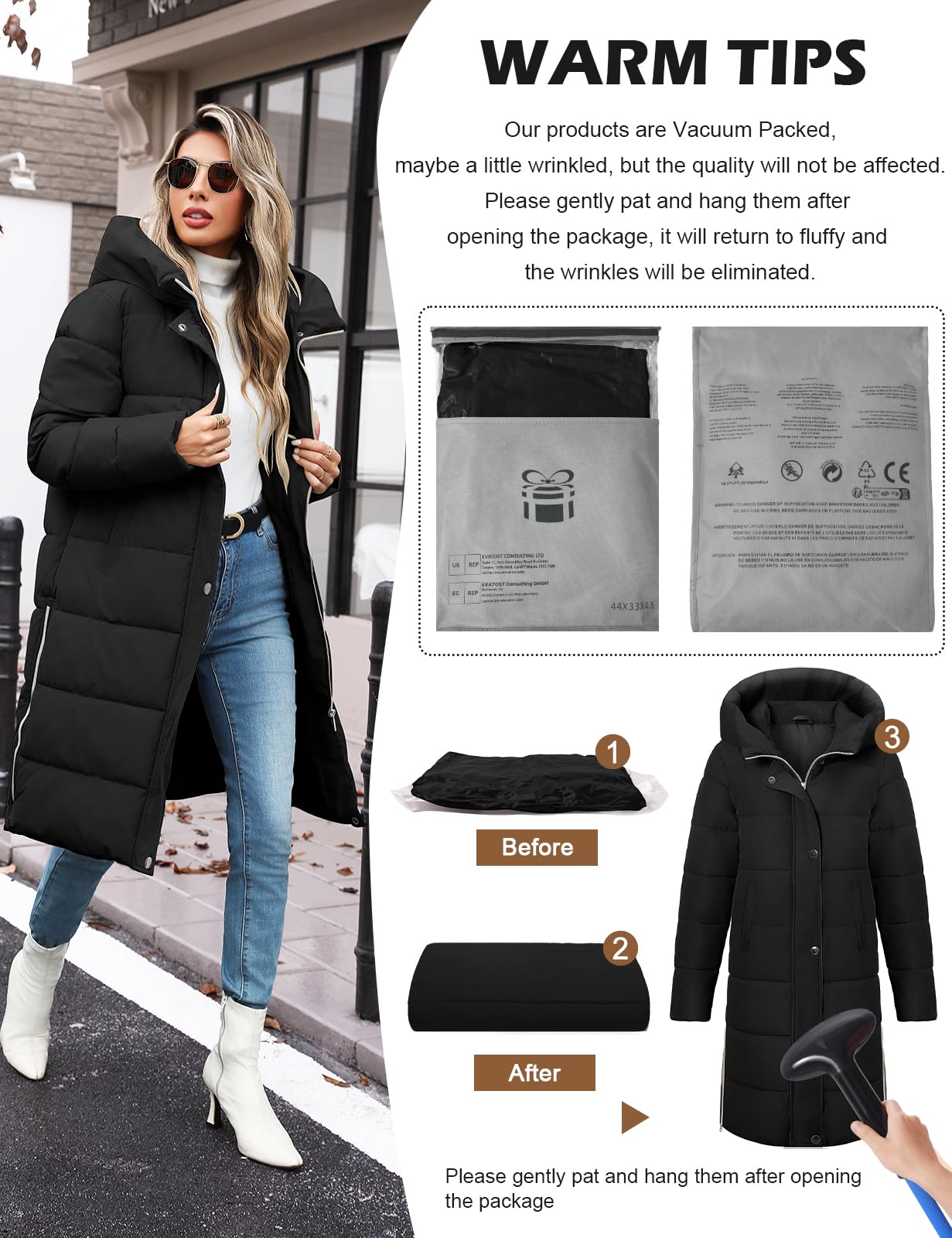 Tuopuda Winterjacke Damen Wintermäntel Lang Winddichter Warm mit Kapuze Stehkragen Jacke Mantel Parka Übergangsjacke Winterparka Steppmantel Herbst Winter Outdoorjacke