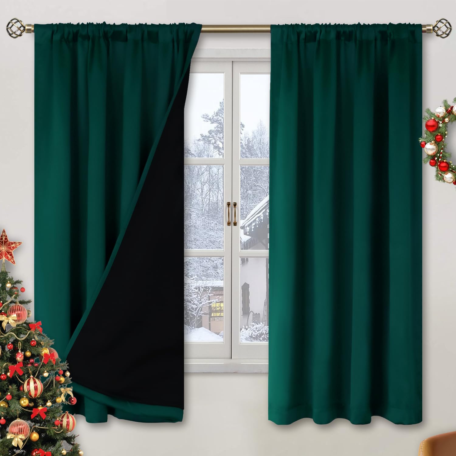 BGment Christmas Green 100% Blackout Curtains for Bedroom 63 Inches Long, Thermal Insulated Thick Heavy Full Room Darkening Noise Reducing Rod Pocket