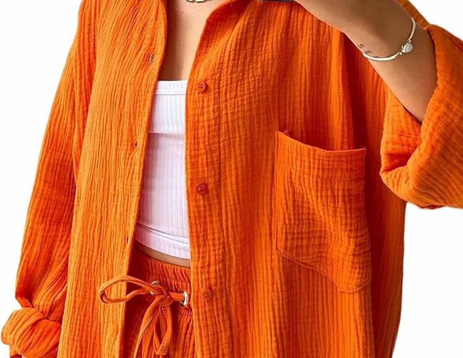 Damen Zweiteiler Sommer Musselin Bluse Hemd und Hosen Shorts Loungewear Damen Set Travel Outfit Elegant
