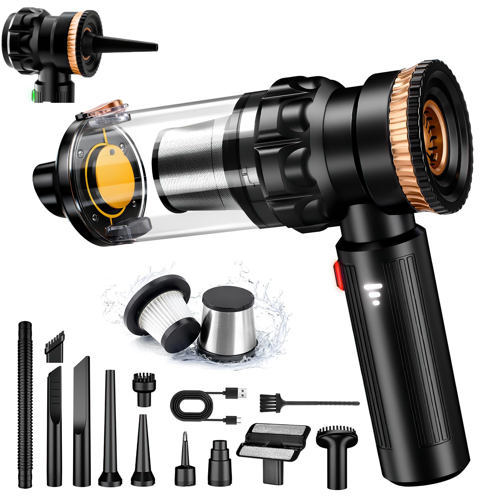 28000Pa Aspirapolvere Auto Potente, 4-in-1 Aspirabriciole Senza Fili | Portatile con Motore Senza Spazzole, Aspira Briciole con 3 Livelli di Velocità & One-Touch Dust Dump per Auto/Camper