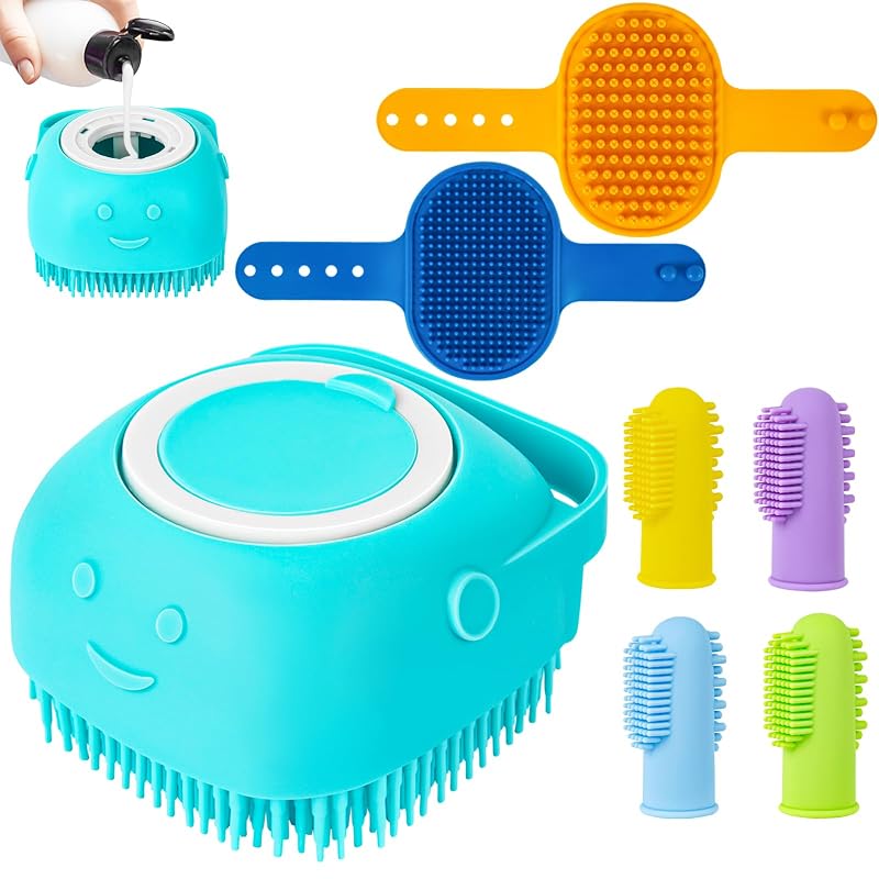 Escova para Banho de Cães em Silicone e Borracha Ponpon com Escovas Dentais, 7 Peças
