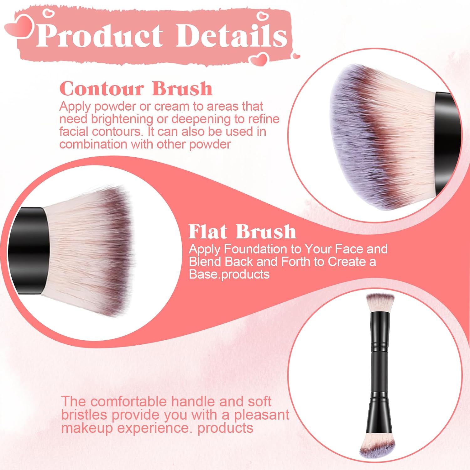 Dual-Ended Makeup Brushes, Foundation Brush with Soft Bristles Contour Brush Bronzer Brushes for Liquid Cream Powder