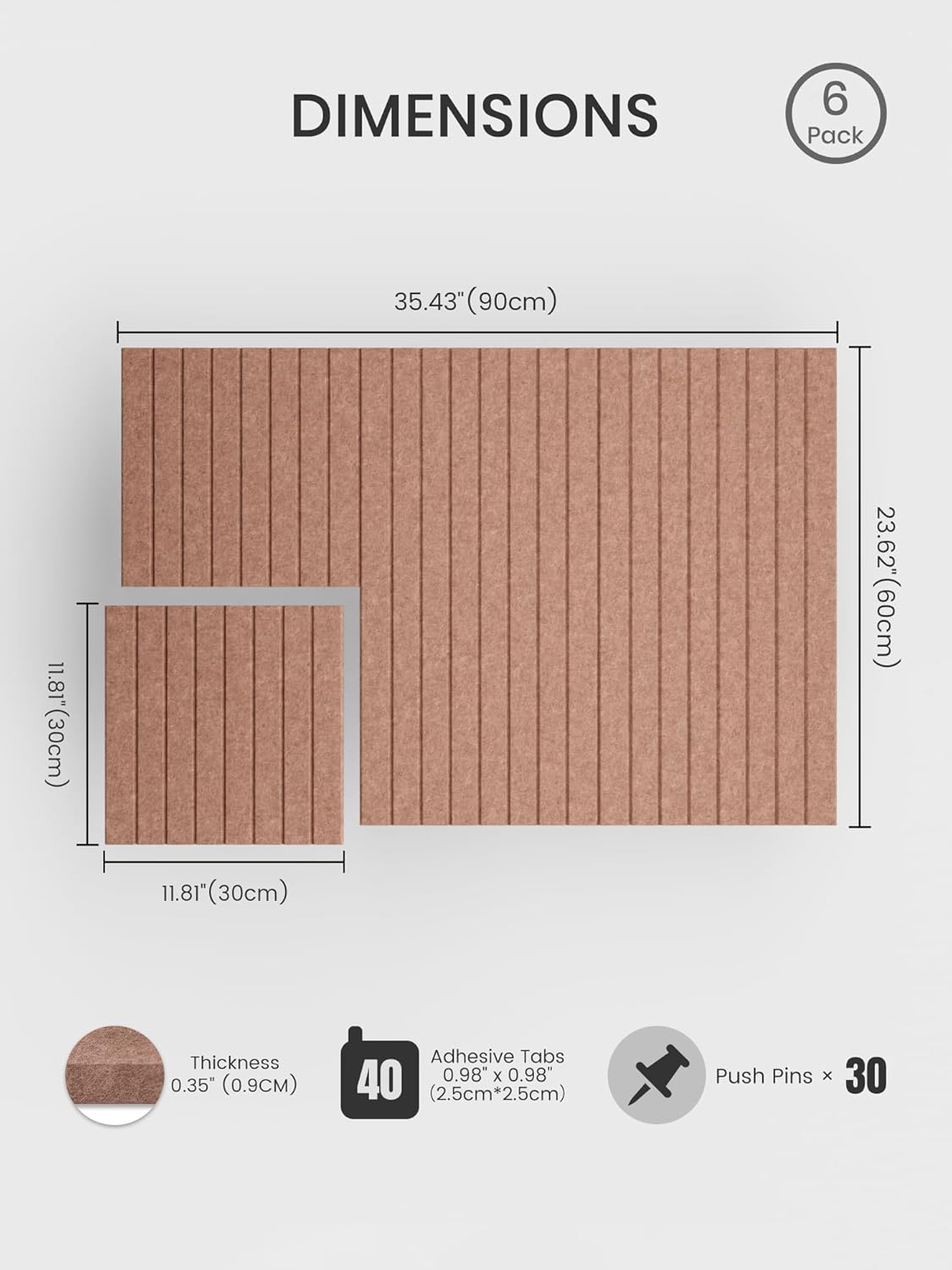 Bumusty Large Cork Board Alternative-36 x 24" Felt Bulletin Board Tiles, with 30 Pushpins, 40 Adhesive Tabs, Fine-Stripe 6-Pack, Cork Boards for Office Push Pin Board Felt Board-Terracotta