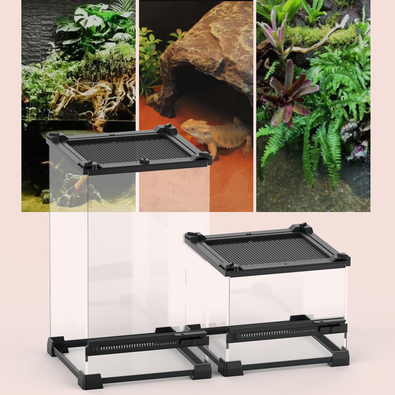 Caja de alimentación para reptiles, terrario con ventilación frontal, terrario de cristal con cierre giratorio a prueba de fugas, recipiente multiusos para reptiles, anfibios, negro, 20 x 20 x 30 cm