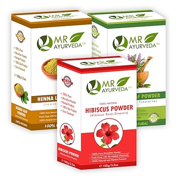 MR Ayurveda Hibiscus Powder, Indigo Powder and Henna Powder for Hair - Set of 3 (100 Grams Each)