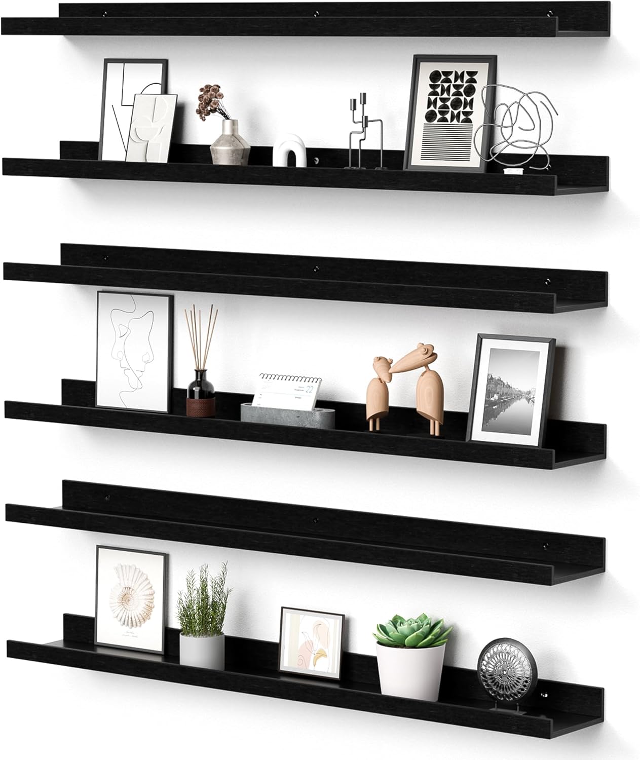 upsimples Floating Shelves for Wall, 35.5 Inch Shelves for Decor Storage Set of 6, Wall Mounted Wood Shelf for Bedroom, Living Room, Bathroom, Kitchen, Long Picture Ledge Shelves, Black Black 35.5in