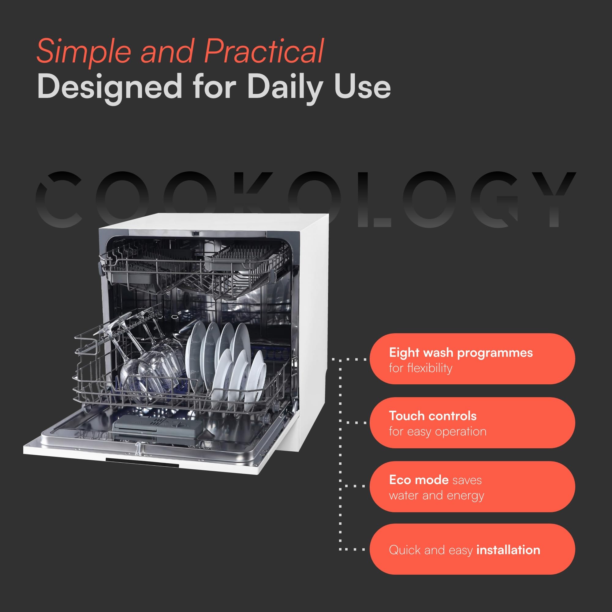 Cookology CTTD8WH Mini Counter Top Dishwasher in White - Compact & Portable - Tabletop Small Appliance - 8 Settings - 8 Wash Cycles - ECO Friendly Mode — view 6