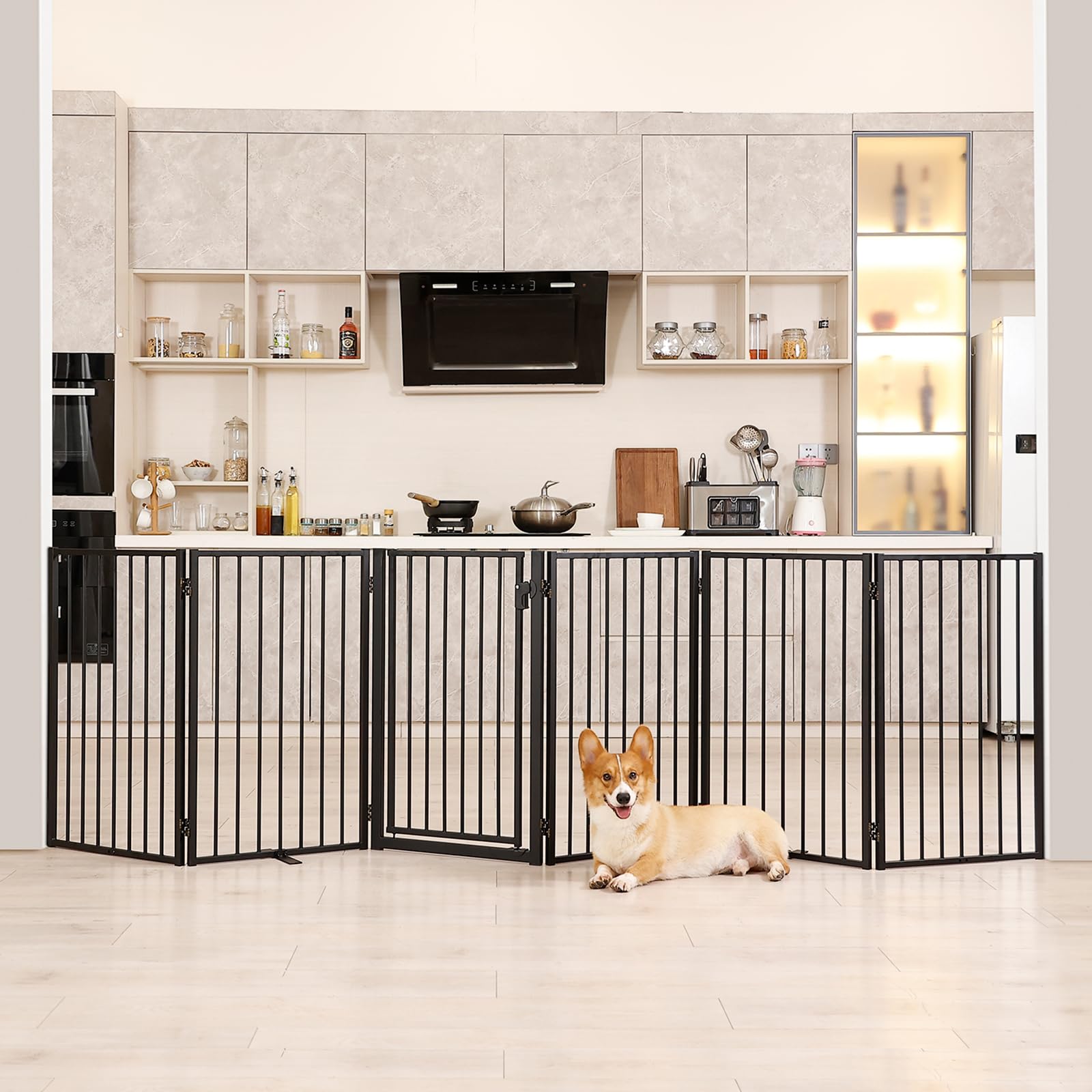 Jeyew Metal Free Standing Dog Gate for The House Extra Wide,Metal Pet Fences Indoor&Outdoor for Puppy Cat,Freestanding Foldable Dog Gates with Door for Doorways Stairs Porch(6 Panels with Door 32" H)