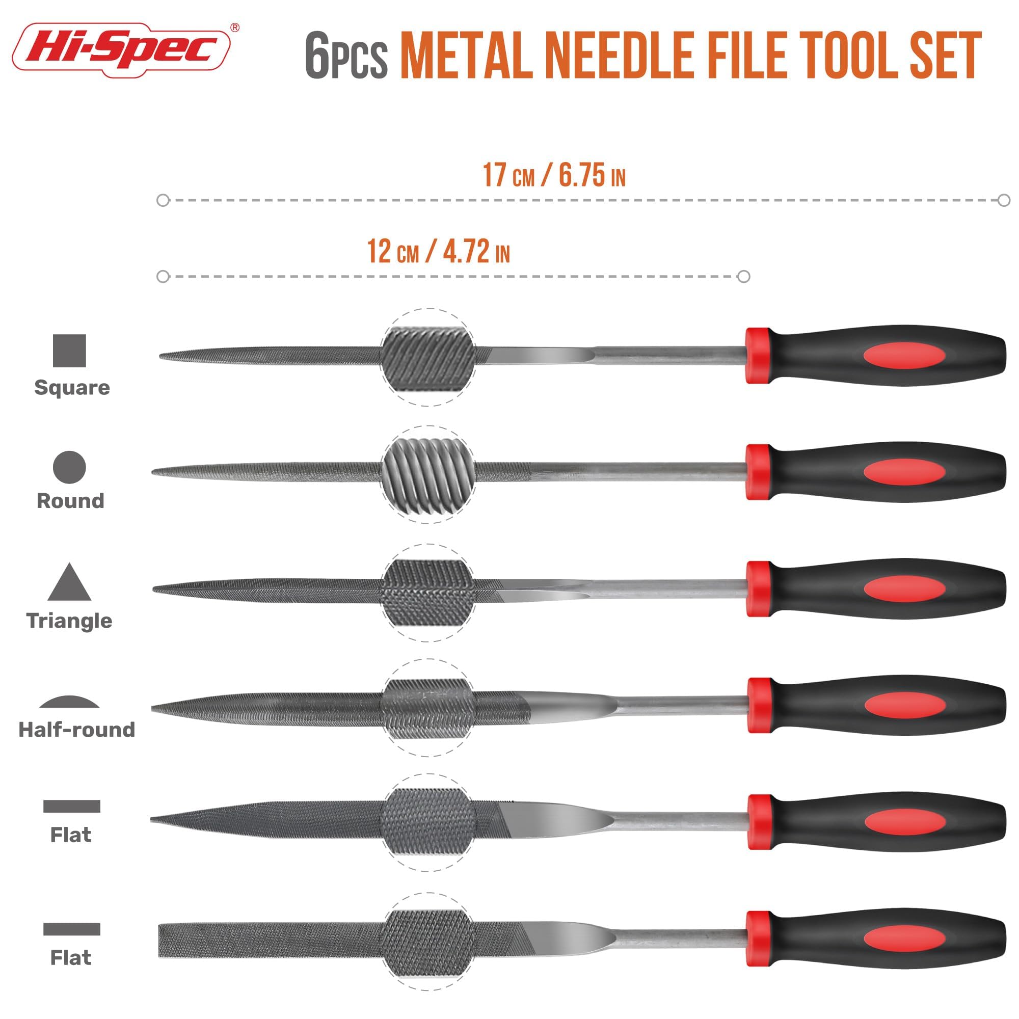 Hi-Spec Lime per Ferro, Set Lime di Precisione a Mano per Metallo e Legno, Mini Lime (Piatta, Mezza Tonda, Tonda, Triangolare), per Sbavare e Rifinire, 6 Pezzi